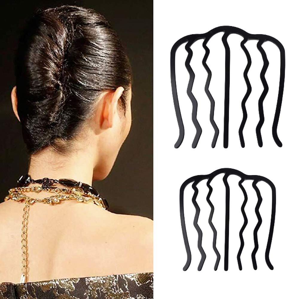 JKJF U-Shaped Metal Hair Side Combs - 2 Sizes (Black 7 Teeth) | Hair Forks & Clips for Women & Girls | Perfect for Updos, Braids & Wedding Hairstyles