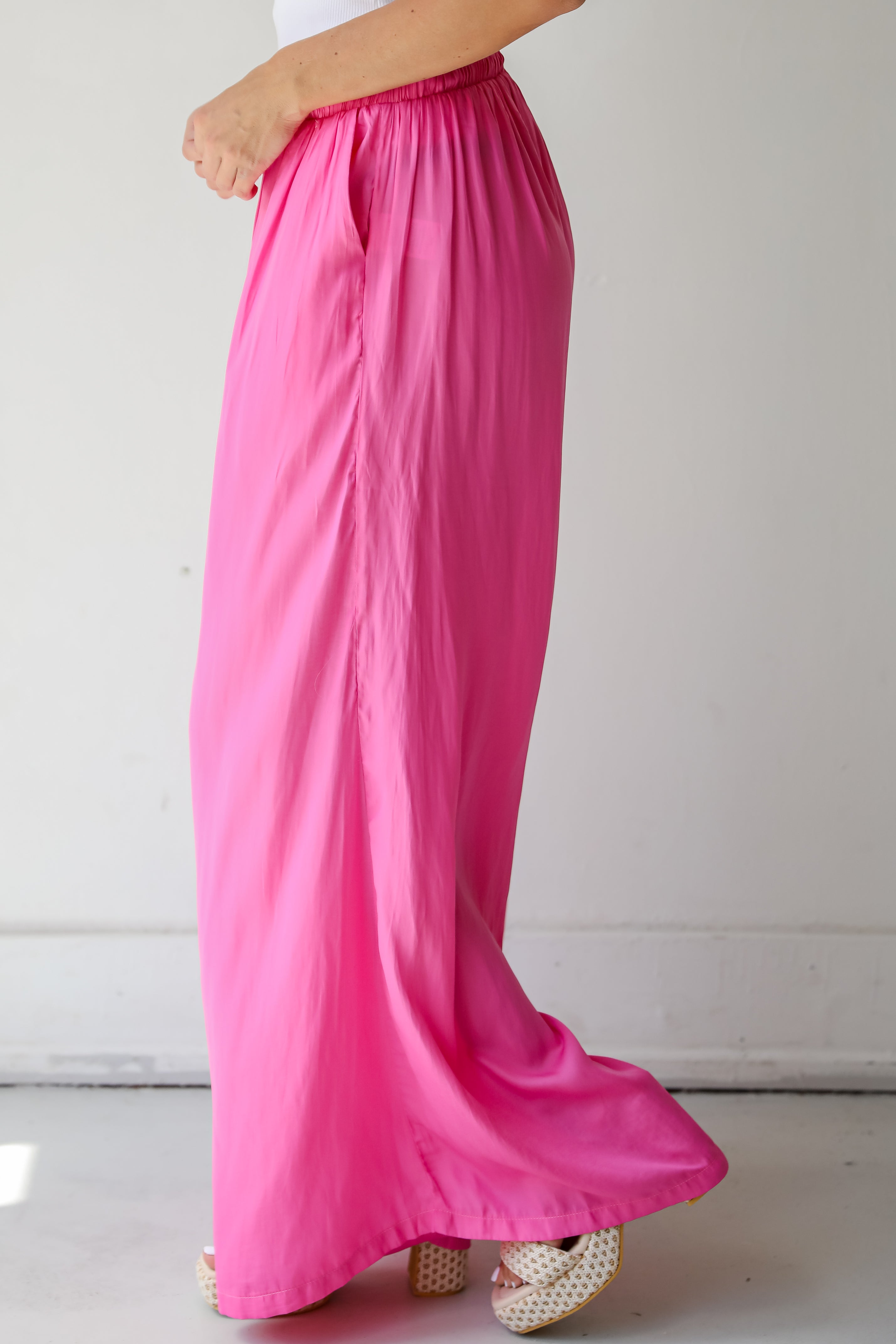 Exquisite Pink Satin Wide Leg Pants for Women - Elegant High Waist Palazzo Trousers for Office, Party & Special Occasions