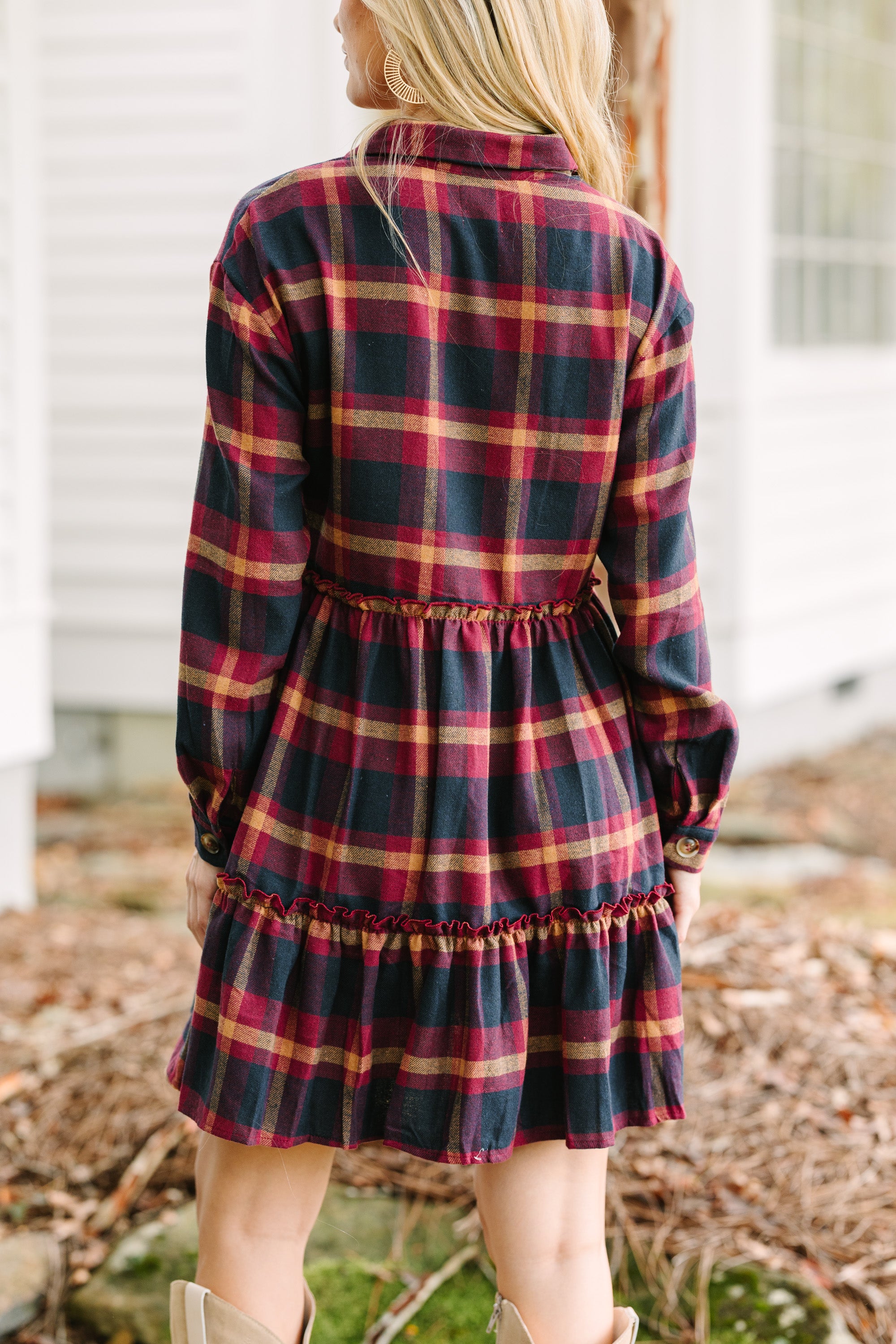 Stylish Burgundy Red Plaid Dress for Women - Elegant Fall & Winter Fashion - Perfect for Parties, Dates & Office Wear