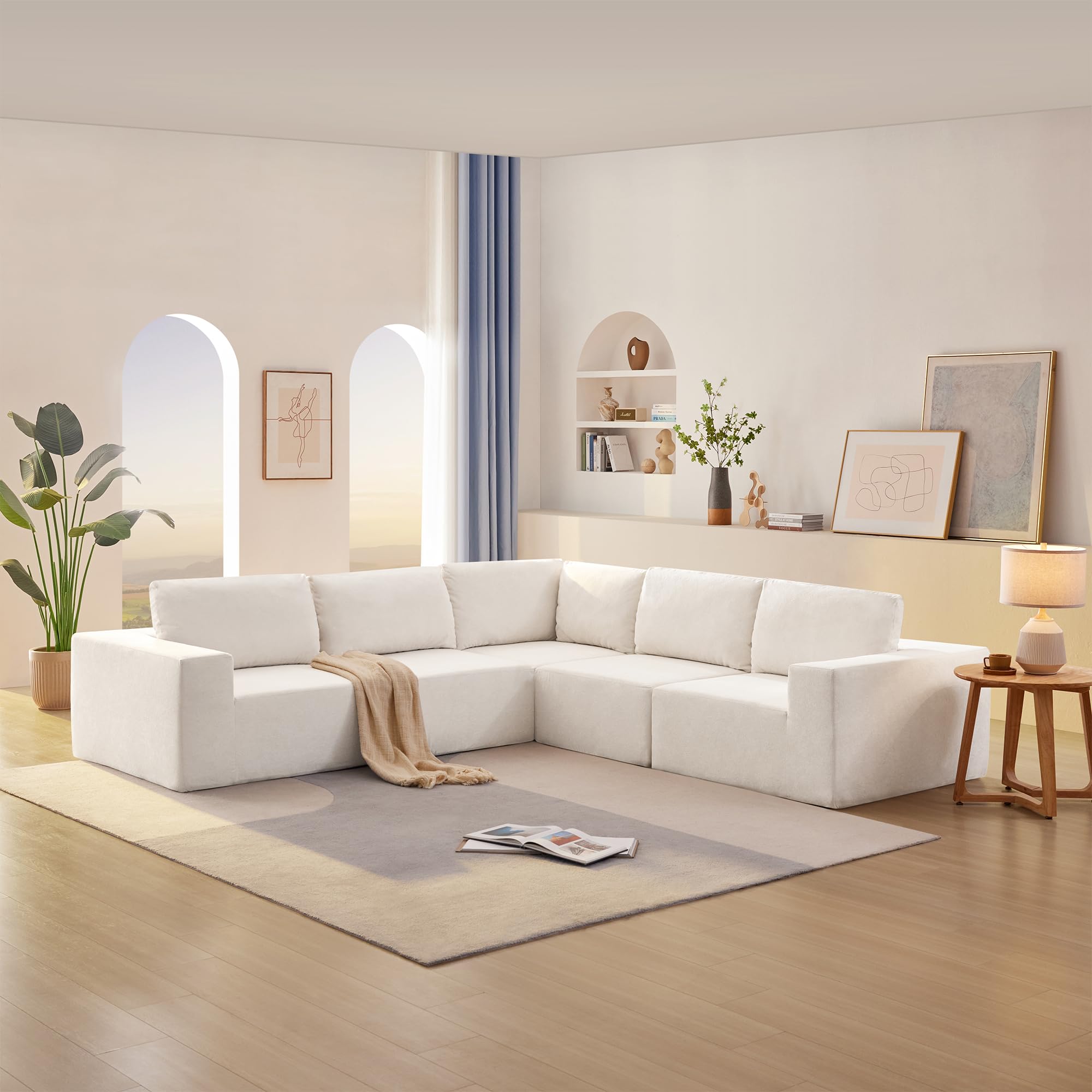 HABITRIO Modular L-Shaped Sectional Sofa Set - Luxury Upholstered Floor Couch with Convertible Sofa Bed for Living Room & Bedroom - Beige - Perfect for Small Spaces, Apartments, and Cozy Home Decor