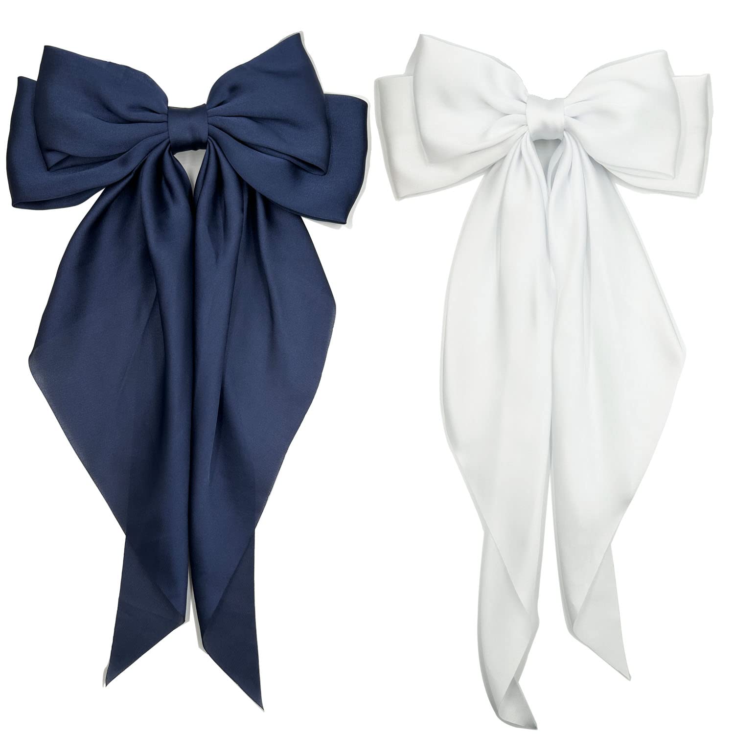 Elegant Satin Hair Barrettes for Women - Large Bow Hair Clips with Metal French Barrette & Long Tail Silk Bowknot | 90s Vintage Hair Accessories (White + Navy Blue) | Perfect for Weddings, Parties & Everyday Styling