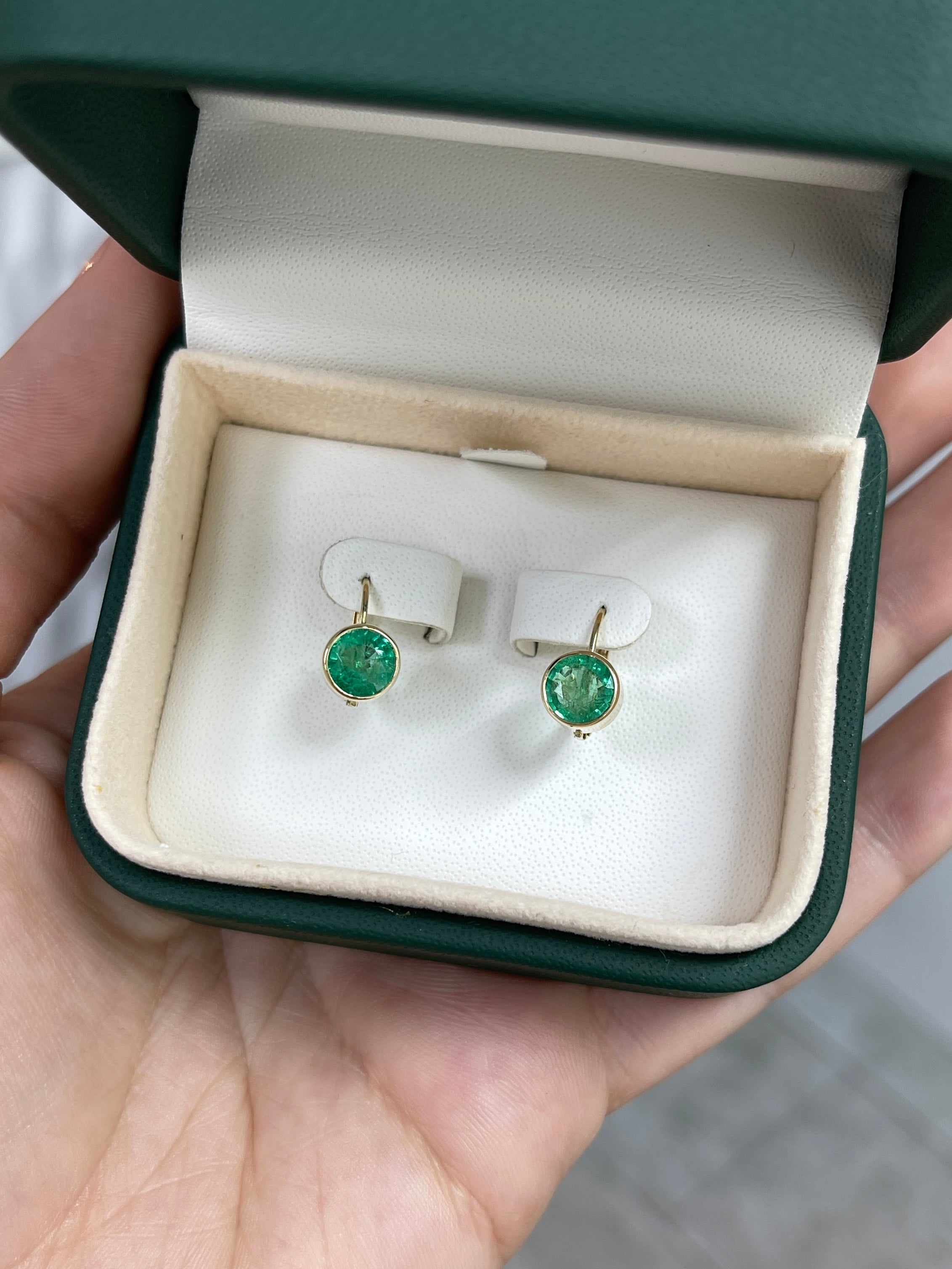 2.30tcw Round Emerald Bezel Leverback Earrings in 14K Gold - Elegant Dangle Earrings for Women, Perfect for Weddings, Parties & Special Occasions