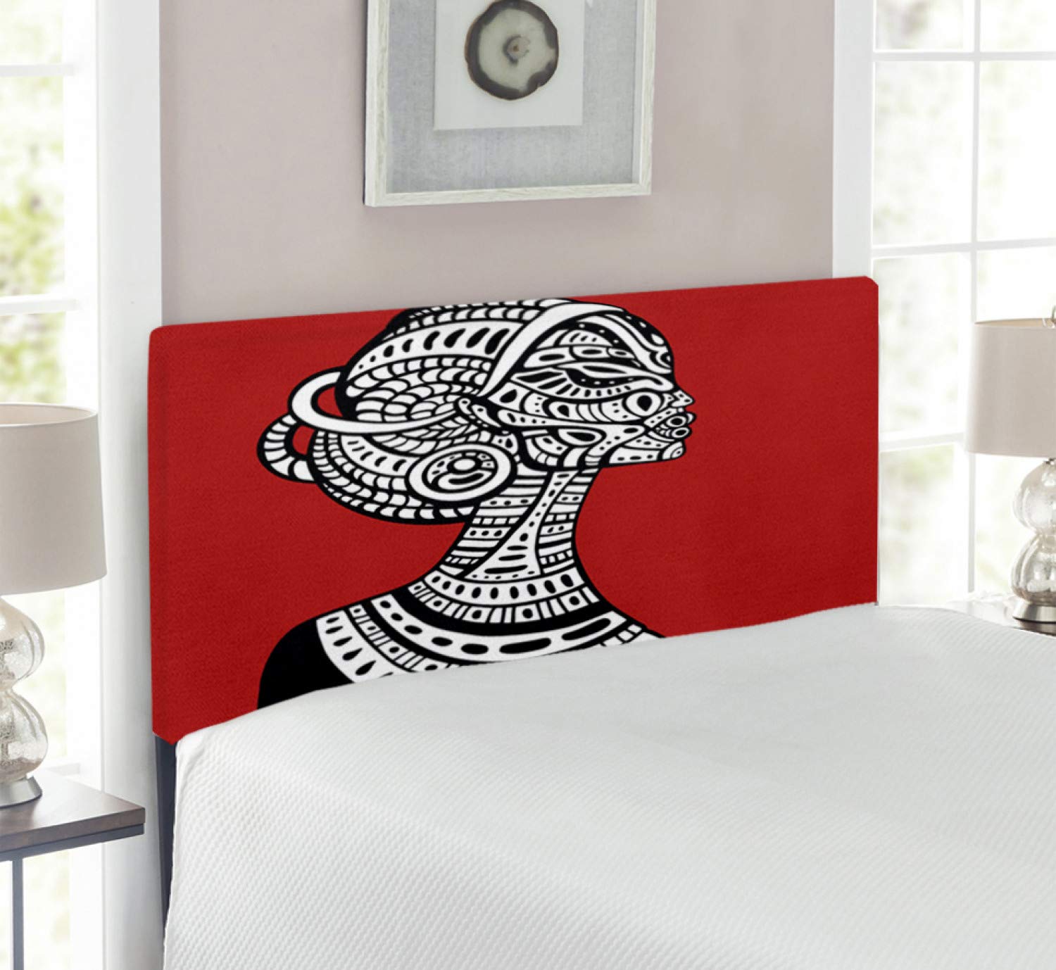 Ambesonne African Themed Headboard - Hand Drawn Ethno Cultural Portrait Design, Upholstered Metal Bed Headboard with Memory Foam, Twin Size, Ruby Black White - Perfect for Bohemian & Eclectic Bedroom Decor