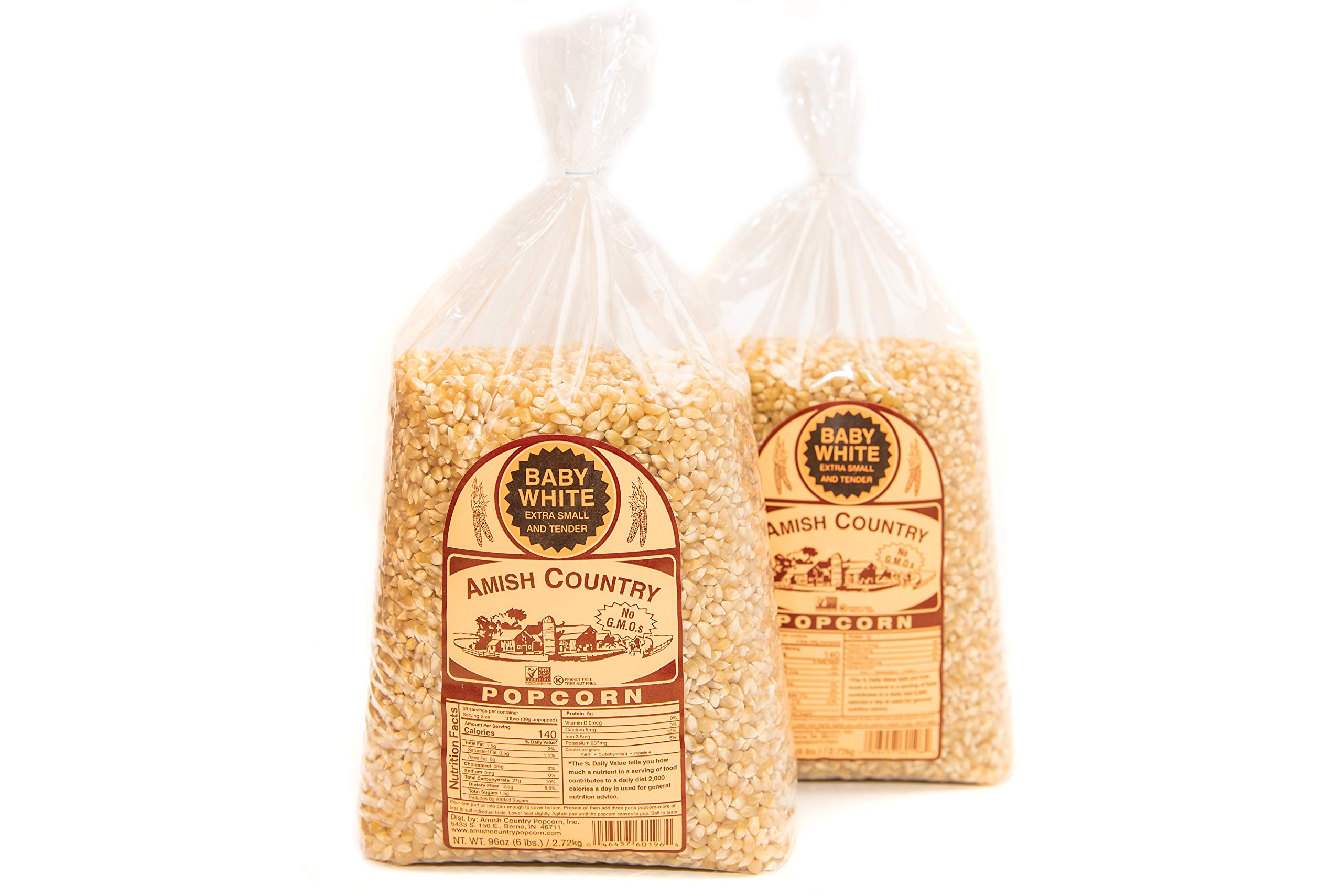 Amish Country Baby White Popcorn Kernels - Non-GMO, Gluten Free, Old Fashioned Popcorn (2-6 lb Bags) - Perfect for Movie Nights, Healthy Snacking & Gift Baskets