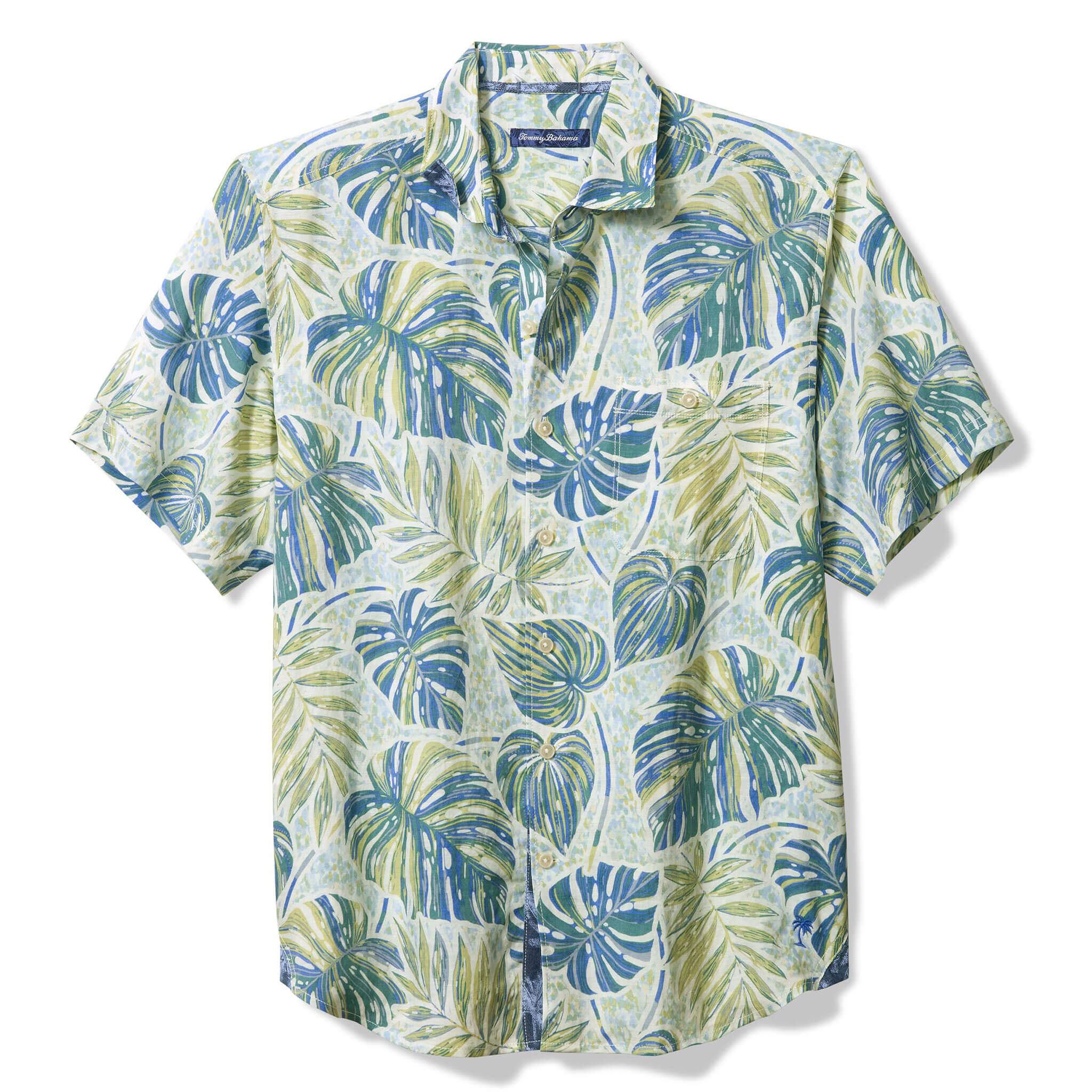 Tommy Bahama Men's Sand Linen Grand Monstera Camp Shirt - Blue Whisper | Breathable Summer Casual Button Down Shirt for Beach, Vacation & Outdoor Activities
