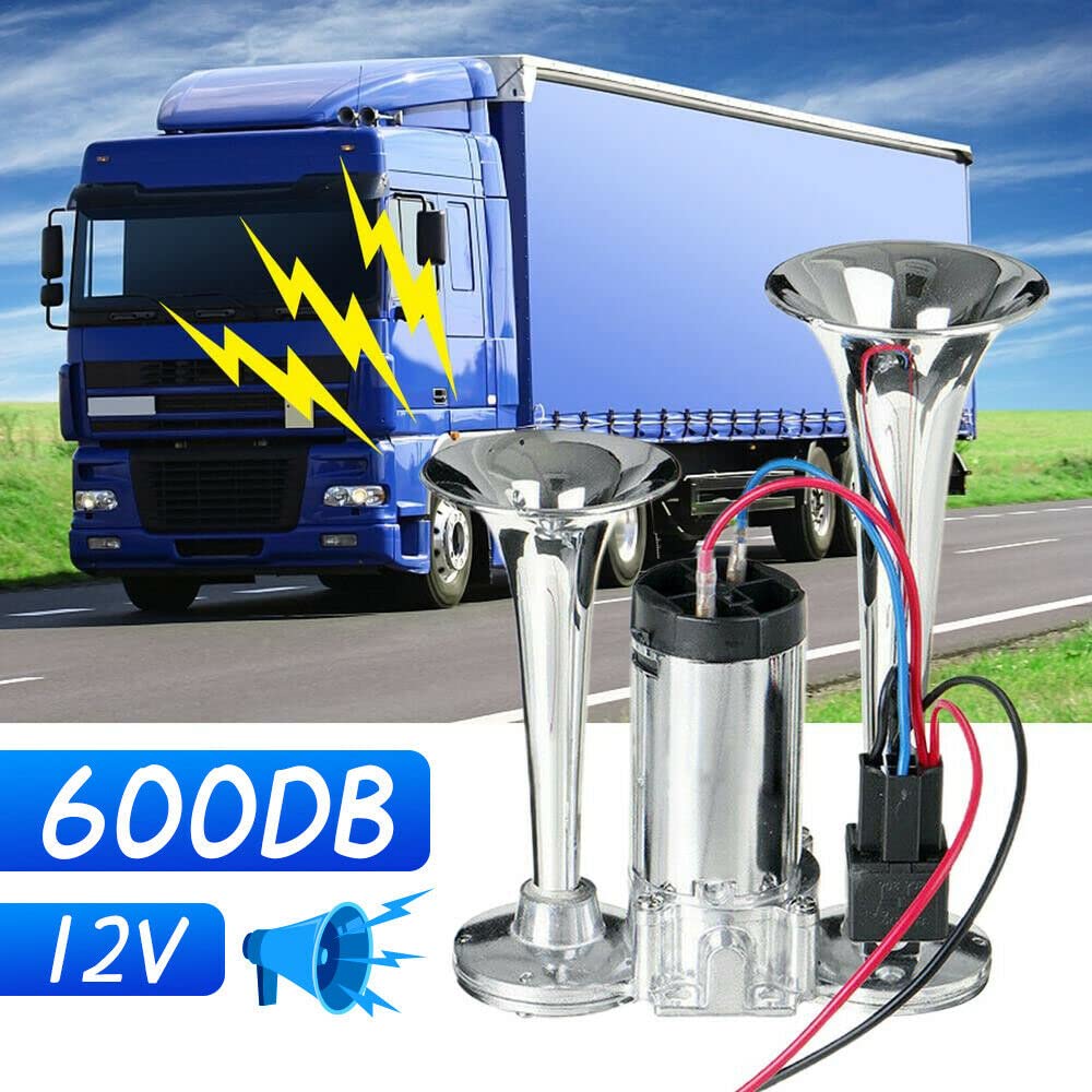 12V 600DB Super Loud Dual Trumpet Air Horn Kit with Compressor - Universal for Trucks, Boats, Lorries & 12V Vehicles | Train-Like Sound for Emergency Alerts & Safety Warnings
