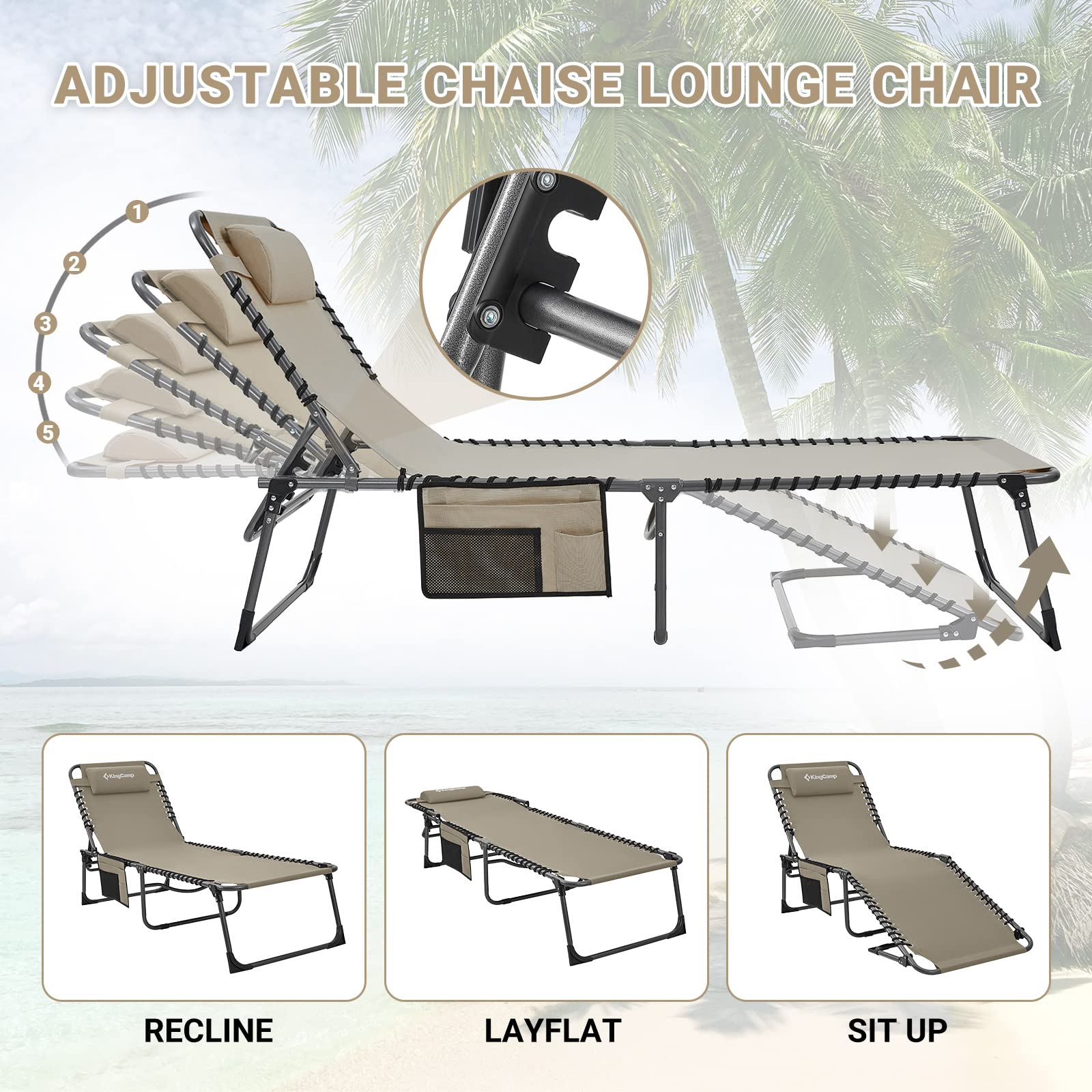 KingCamp 2-Pack Folding Lounge Chairs with Adjustable 5-Position Recline & Pillow - Portable Outdoor Chaise for Beach, Pool, Patio, Lawn, Camping & Sunbathing - Beige Comfortable Relaxation Chairs