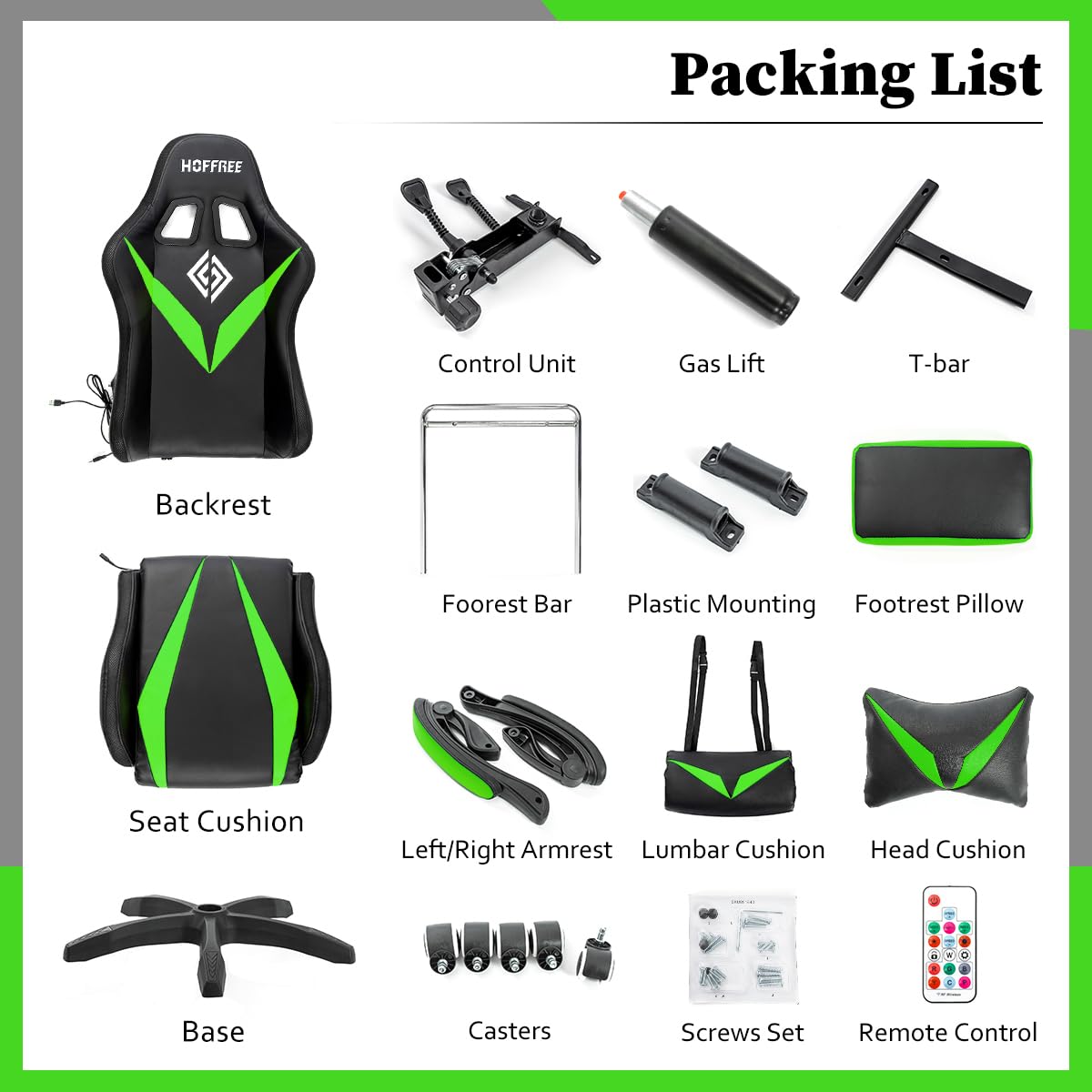 HOFREE Ergonomic Gaming Chair with Massage & LED Lights - High Back Reclining Computer Chair with Adjustable Lumbar Support & Footrest - Green & Black - Perfect for Esports, Streaming & Home Office Setup