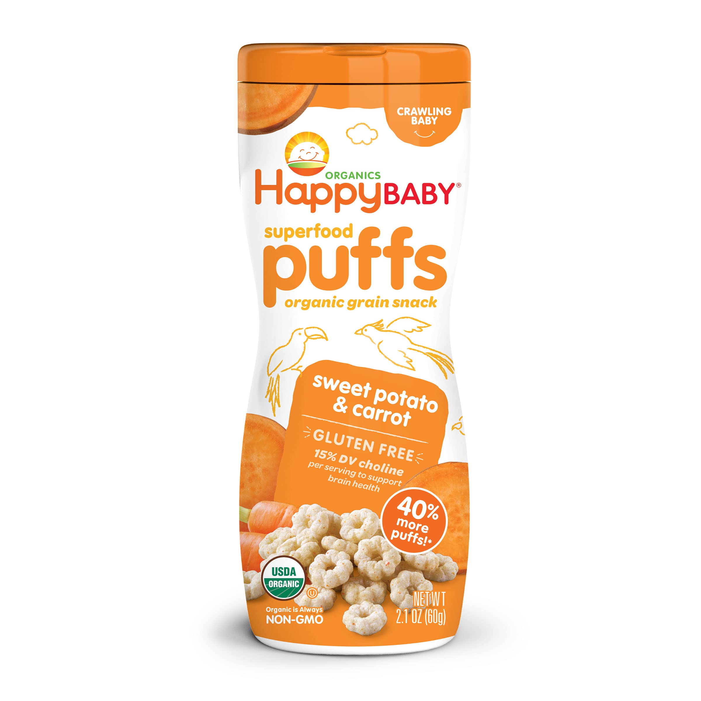 Happy Baby Organic Superfood Puffs - Sweet Potato & Carrot Flavor, 2.1oz Canister | Healthy Crunchy Snack for Babies & Toddlers | Supports Brain & Eye Development with Choline | Perfect for On-the-Go, Daycare & Travel Snacking