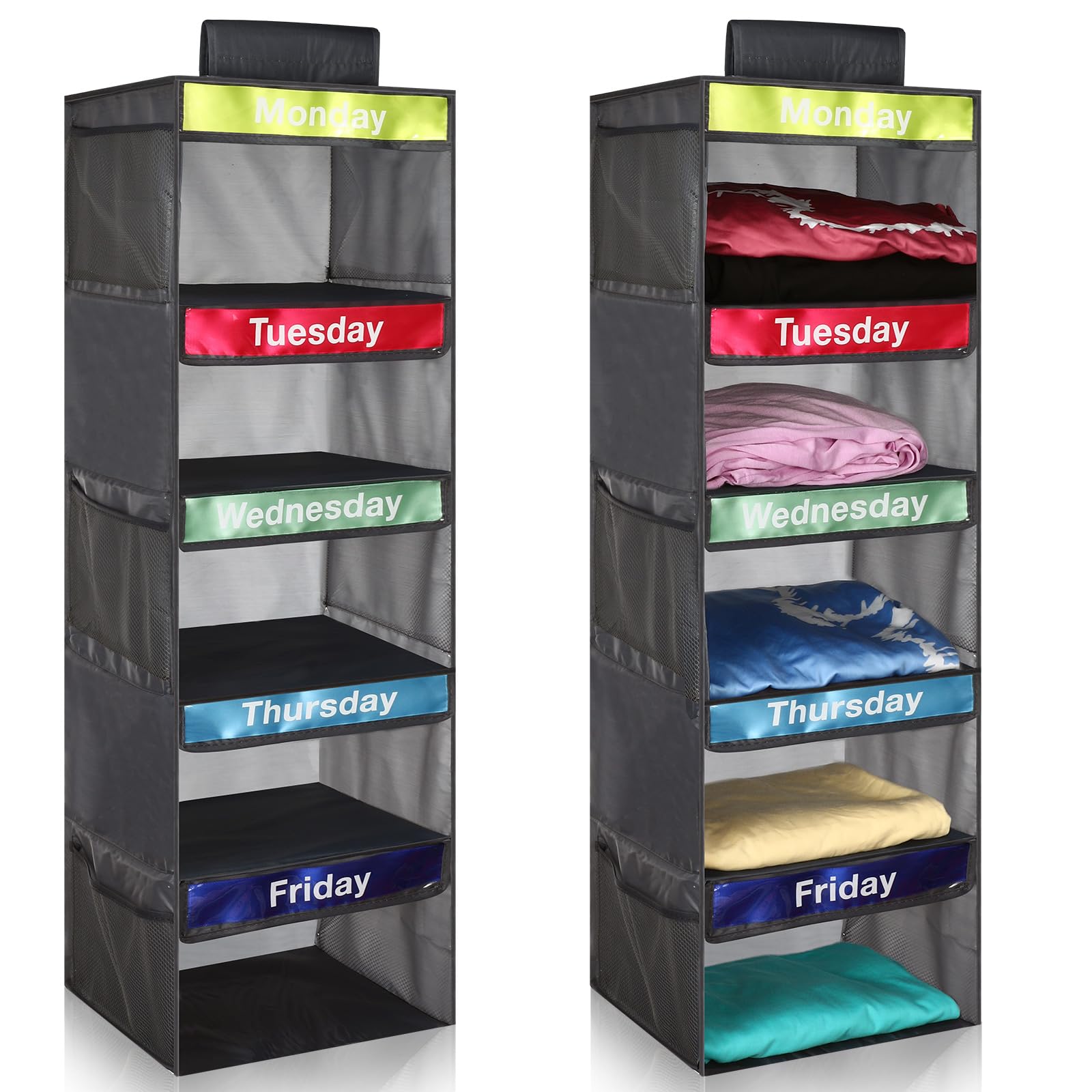 2 Pack Kids Closet Organizer - Collapsible Hanging Shelf Dividers for Clothes, Sweaters & Hats | Space-Saving Dorm & Bedroom Storage Solution (Dark Grey) - Perfect for Small Spaces, Kids Rooms & College Dorm Organization