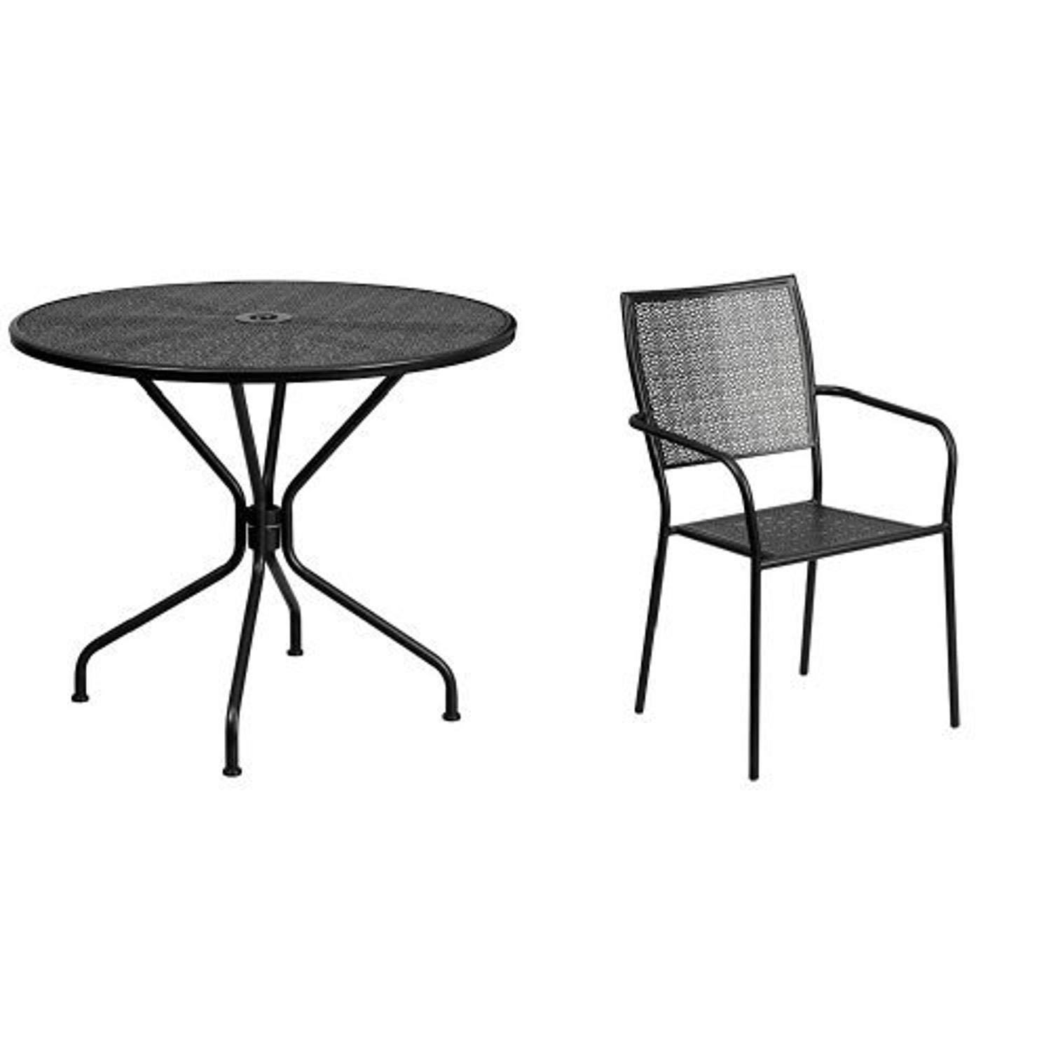 Flash Furniture 35.25'' Round Black Steel Patio Table Set with 2 Square Back Chairs - Indoor Outdoor Dining Set for Garden, Poolside, Deck & Backyard