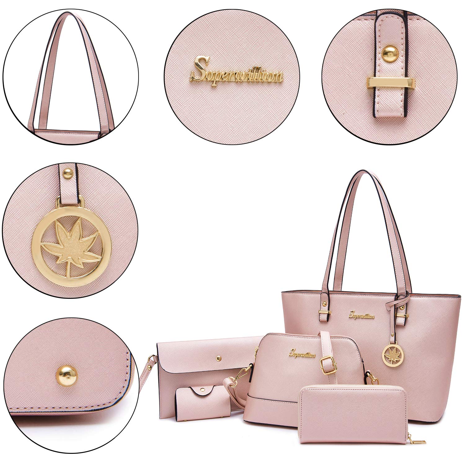 Soperwillton Women's 5-Piece Handbag Set - Tote, Shoulder Bag, Satchel, Wallet & Purse for Work, Travel & Daily Use