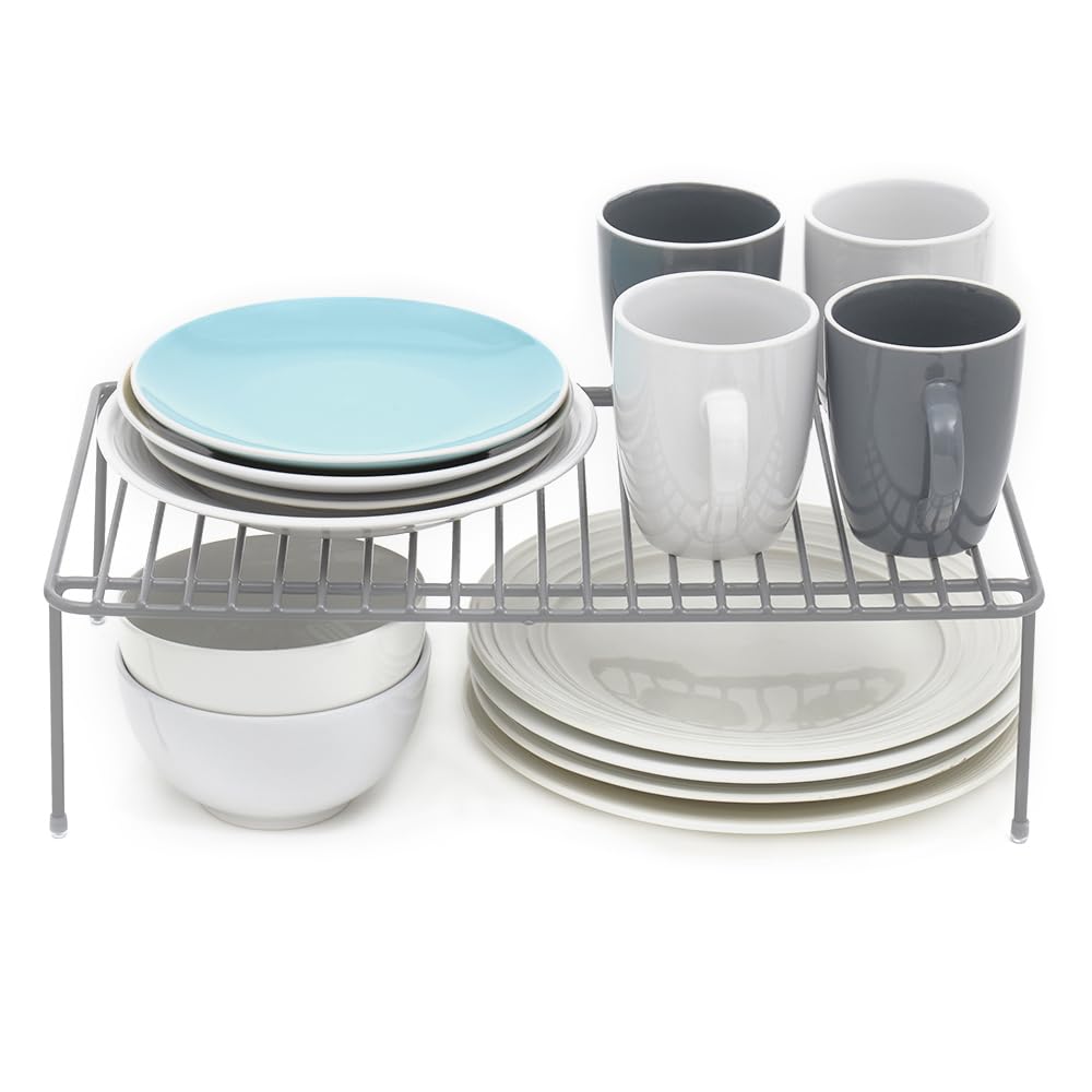 Heavy Duty Vinyl Coated Steel Kitchen Cabinet Organizer - Smart Corner Storage Shelf & Raised Counter Rack - Medium Size Silver | Perfect for Small Kitchen Organization & Pantry Storage
