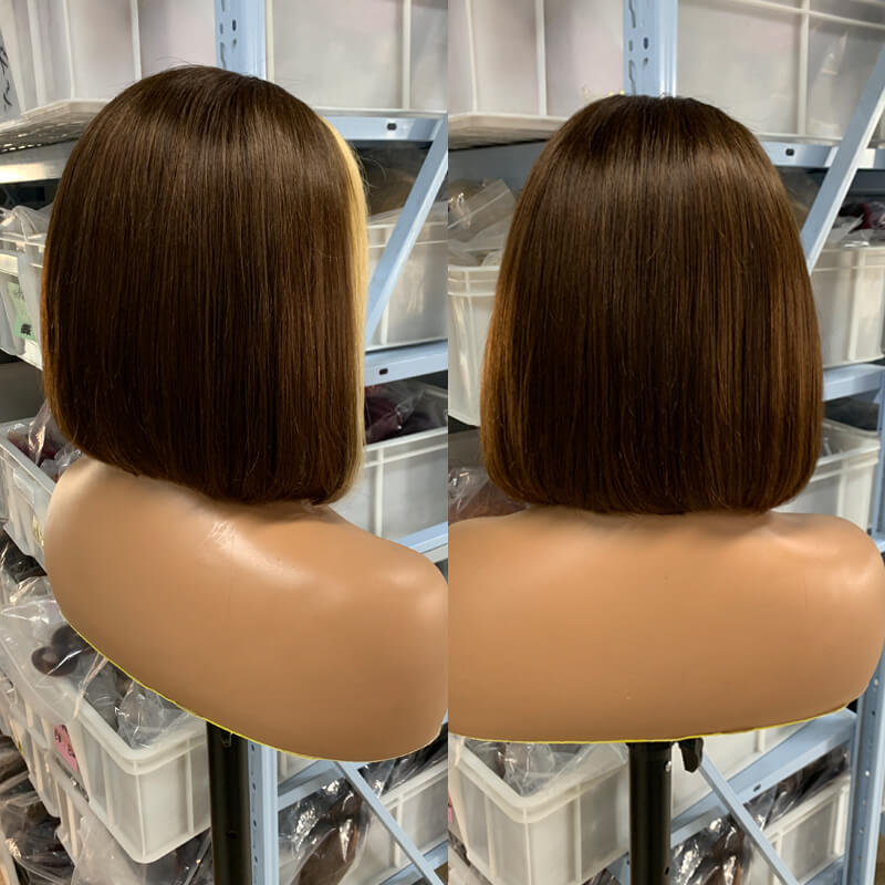 Eullair Short Layered Straight Bob Wig - Chocolate Brown with Honey Blonde Highlights 100% Human Hair Wavy Loose Wig for Women | Perfect for Cosplay, Daily Wear & Costume Parties