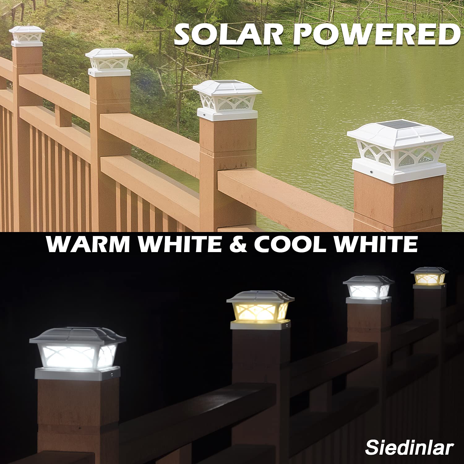 SIEDiNLAR Solar Post Cap Lights Outdoor - 8 LED Warm White & Cool White Lighting for 4x4 5x5 6x6 Wooden Posts - Waterproof Glass Fence Deck Patio Decor (6 Pack) - Perfect for Garden, Pathway, and Backyard Illumination