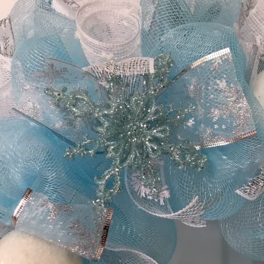 Handmade Frozen Winter Deco Mesh Wreath with Snowballs - Christmas Door Decor, Holiday Home Decoration, Seasonal Front Porch Decor for Winter & Xmas
