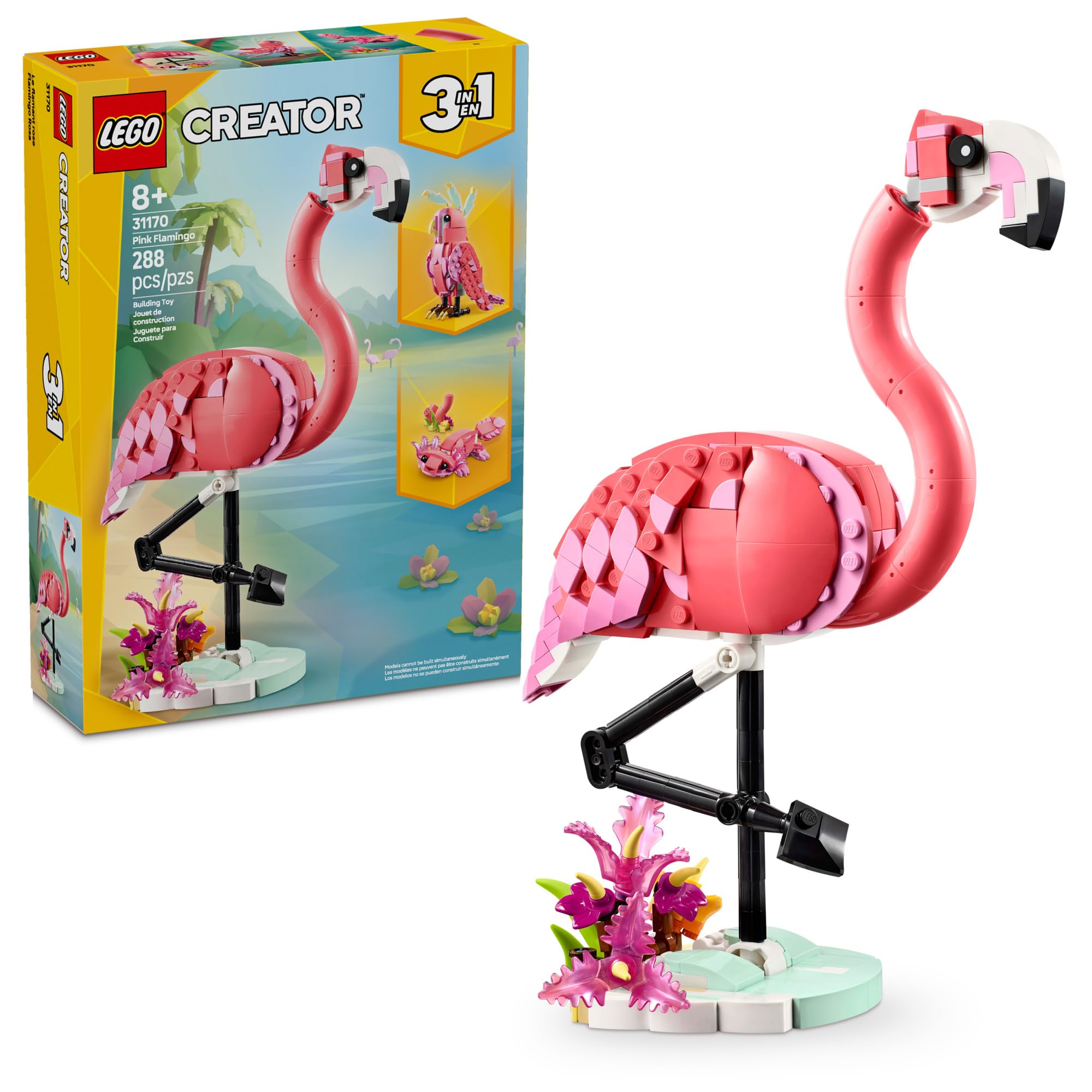 LEGO Creator 3-in-1 Wild Animals Building Set - Build Pink Flamingo, Cockatoo or Axolotl - 31170 Creative STEM Toy for Kids Ages 8+ | Perfect for Birthday Gifts & Educational Playtime