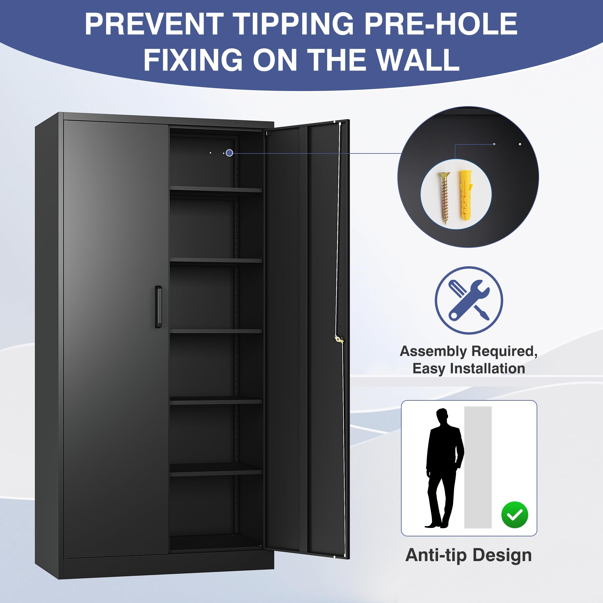 Heavy Duty Metal Garage Storage Cabinet - Tall Black Tool Cabinet with Lockable Doors & Adjustable Shelves for Garage, Basement, Home Office Organization | Perfect for Storing Tools, Equipment & Supplies