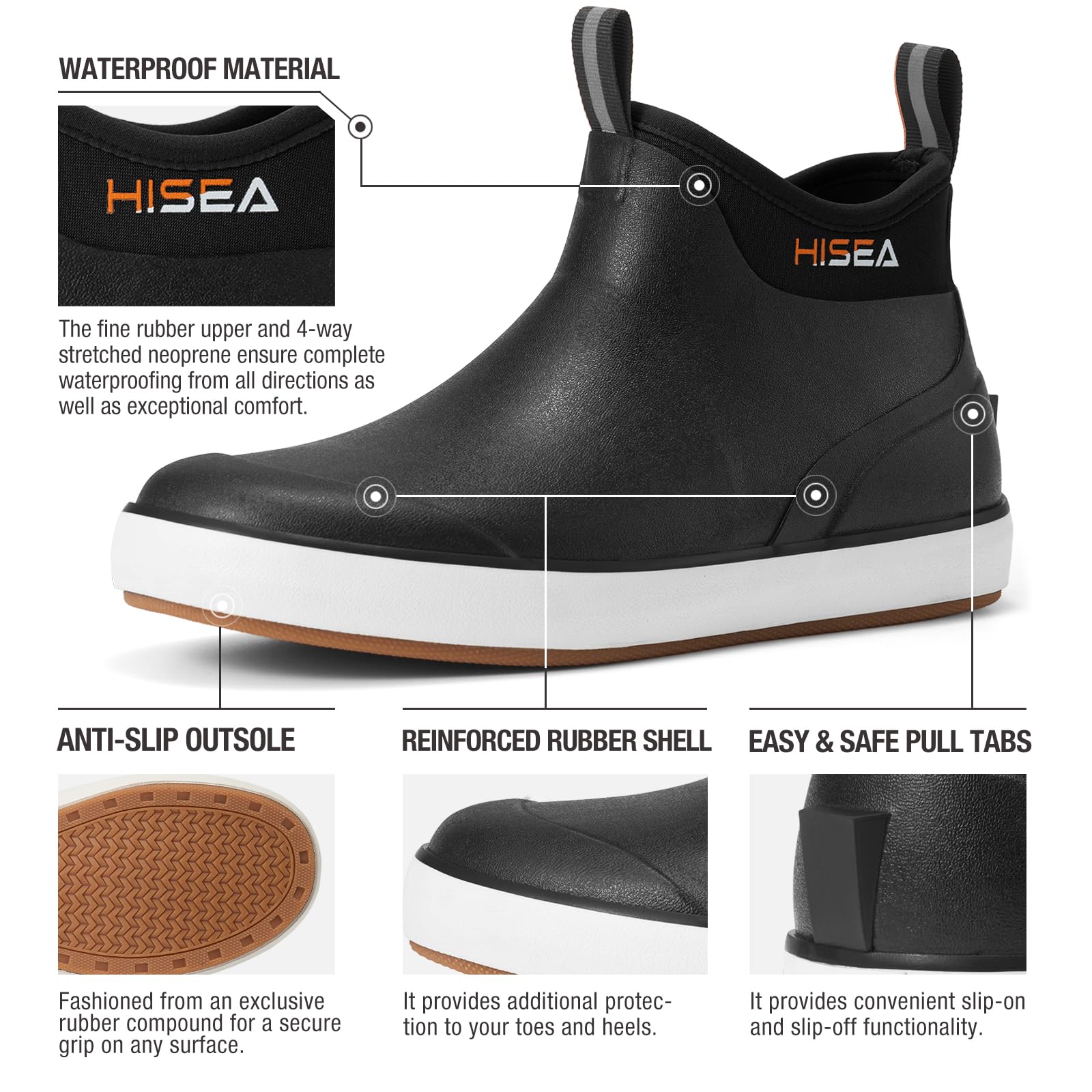 HISEA Men's Waterproof Deck Boots - Wide Toe Anti-Slip Fishing & Rain Boots with Breathable Neoprene Lining - High Ankle Rubber Boots for Outdoor Work, Hiking & Water Activities