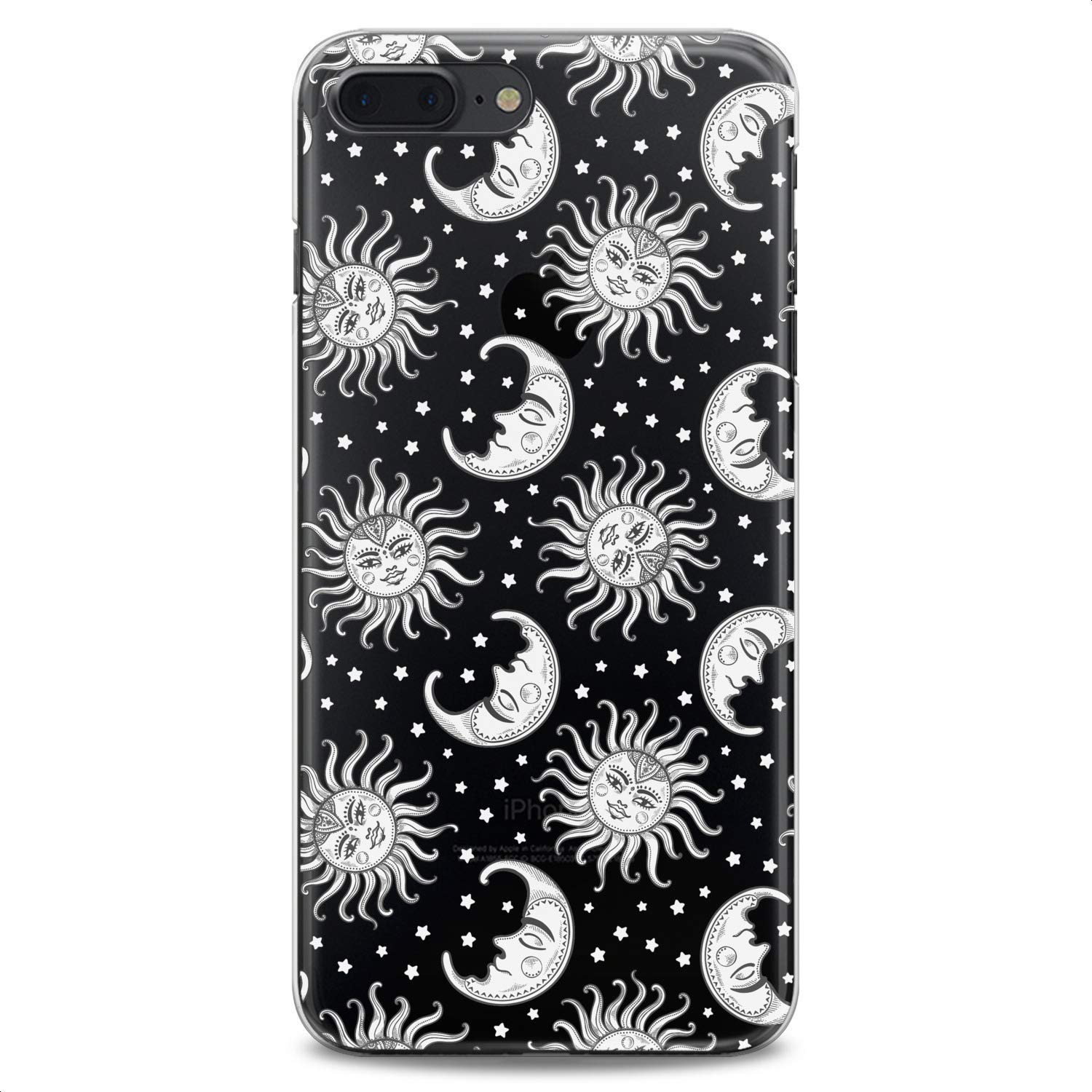 Premium TPU Phone Case for iPhone 16/15/14/13/12/11 Pro Max/Plus/Mini/Xs/Xr/X/8+/7/6/5/SE - Slim Clear Silicone Cover with Cute Celestial Space Stars Moon Sun White Print Design - Perfect for Everyday Protection & Stylish Accessory