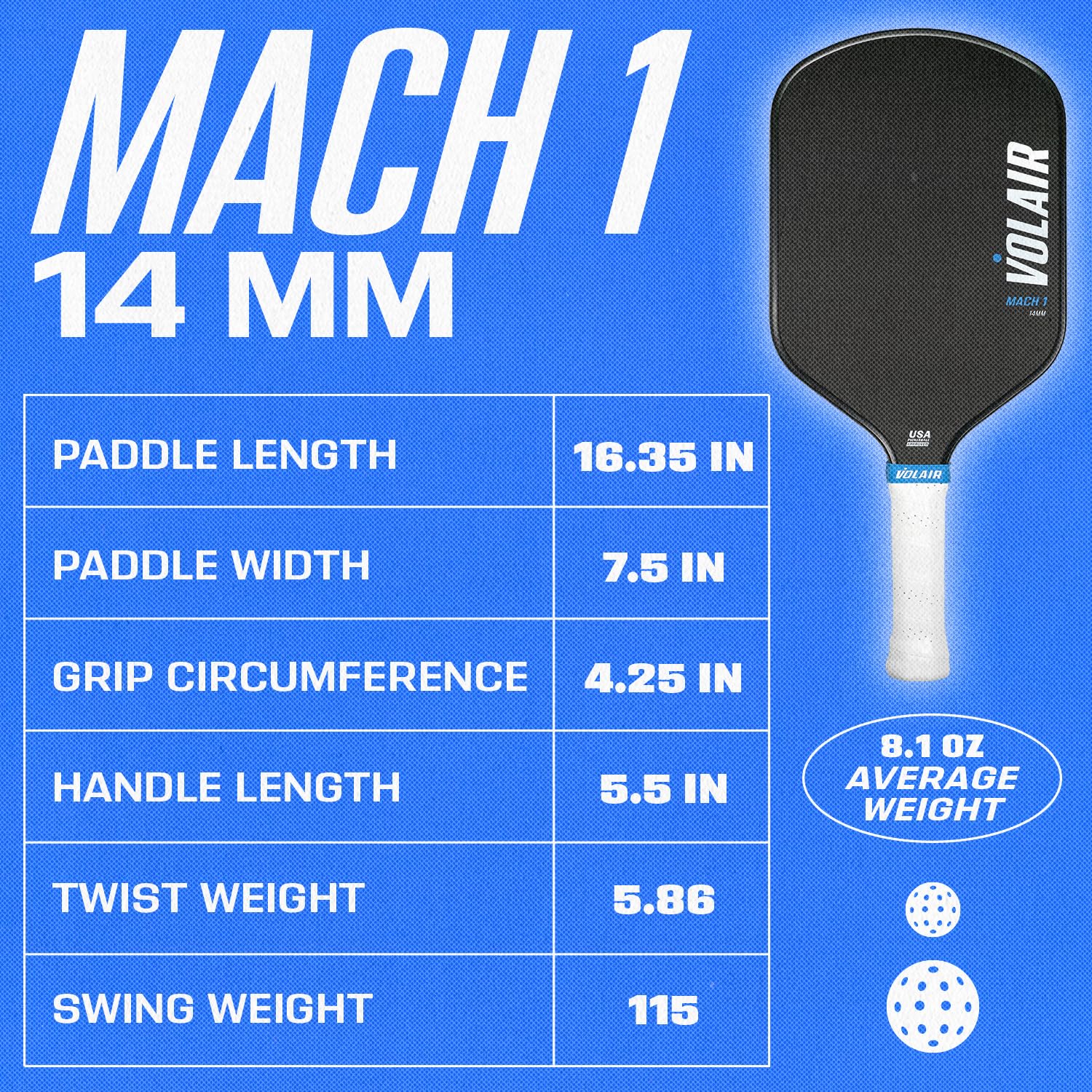 Volair Mach 1 Pickleball Paddle - USAPA Approved Carbon Fiber Paddle with T700 Toray Surface & Polypropylene Honeycomb Core for Maximum Spin, Control and Power - Perfect for Competitive Play and Recreational Pickleball Games