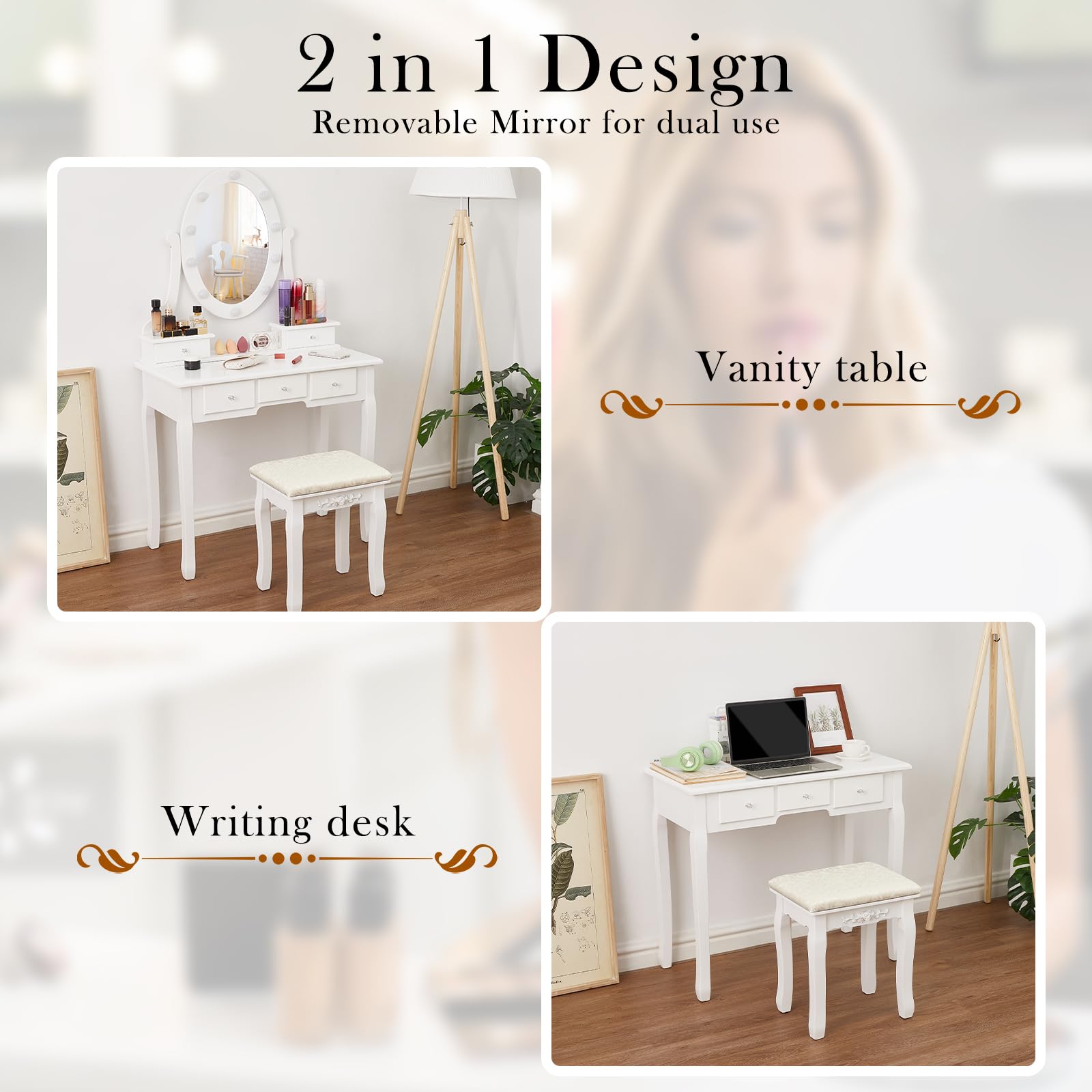 Makeup Vanity with Lights - Vintage Vanity Set with 5 Drawers, Mirror & Adjustable LED Lights - White Vanity Desk with Matching Chair - Perfect for Bedroom, Dressing Room & Beauty Salon