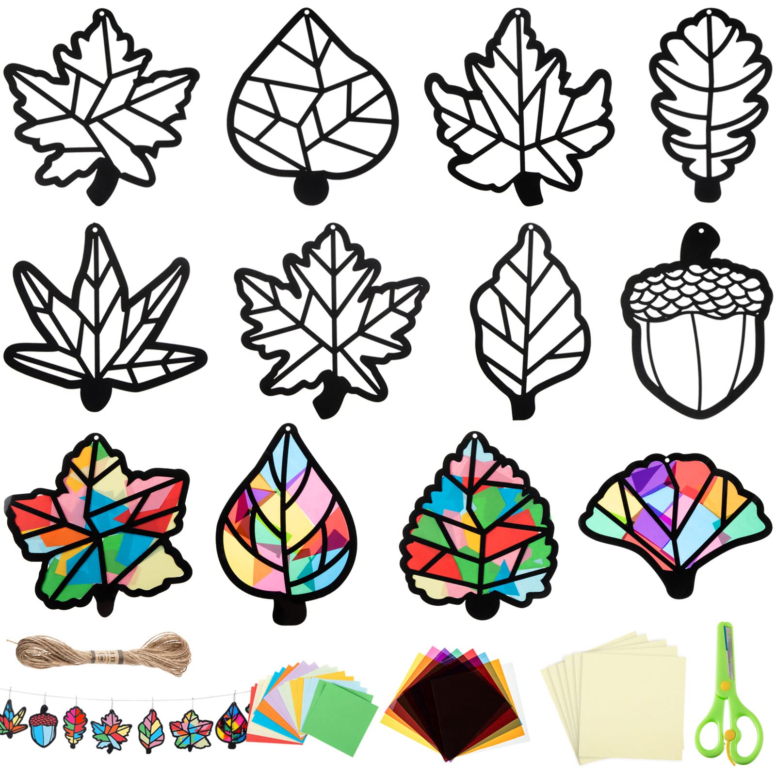Thanksgiving Fall Paper Craft Kit for Kids - DIY Autumn Leaf Suncatcher with Tissue Paper, Colored Cellophane & Safety Scissors (156 Pcs) - Perfect for Classroom Activities, Holiday Decorations and Family Crafting Time