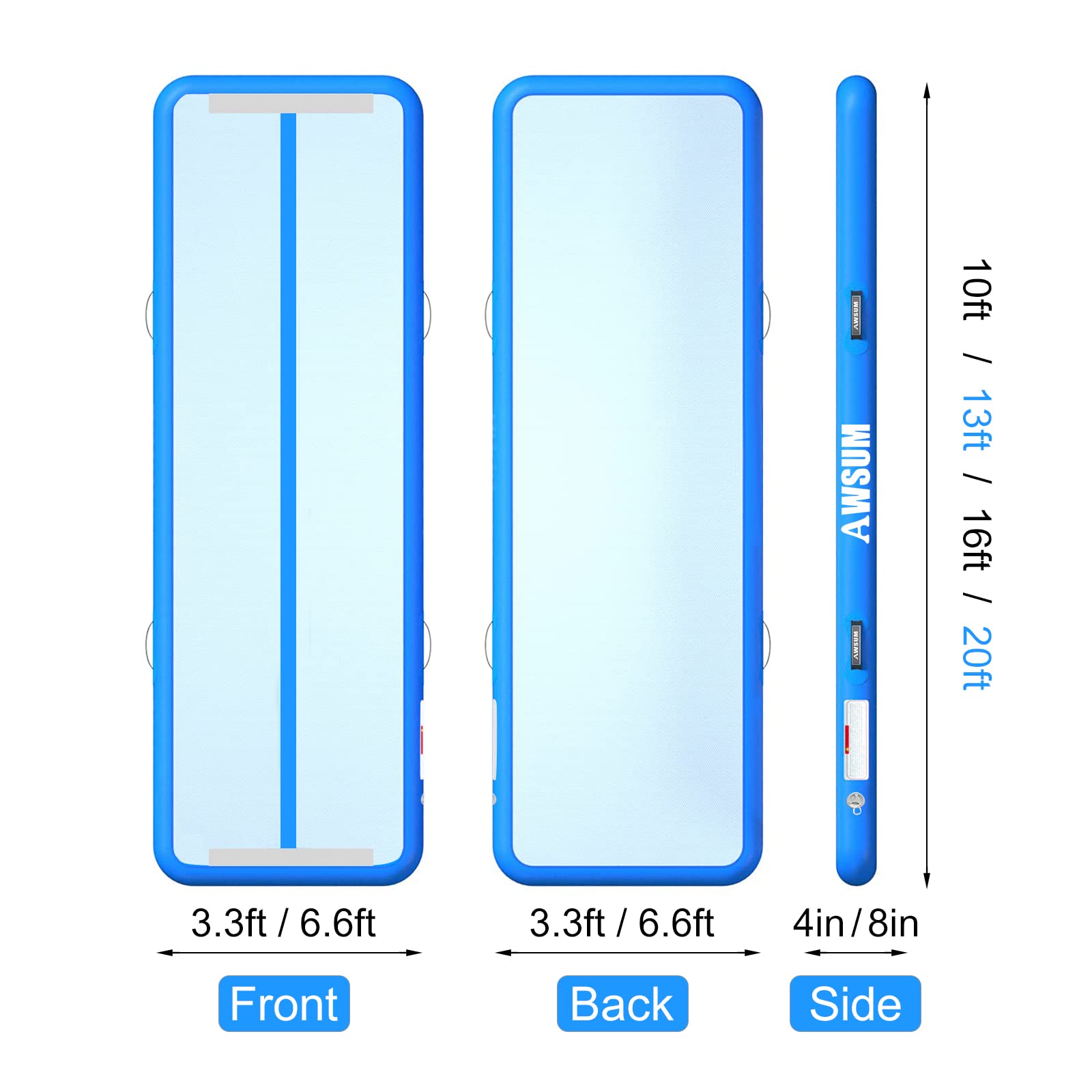 Best Inflatable Air Gymnastics Mat 10ft/13ft/16ft/20ft/23ft - 4/8 Inch Thick Tumbling Training Mat with Electric Pump - Perfect for Home Gym, Outdoor Practice & Kids Play Area