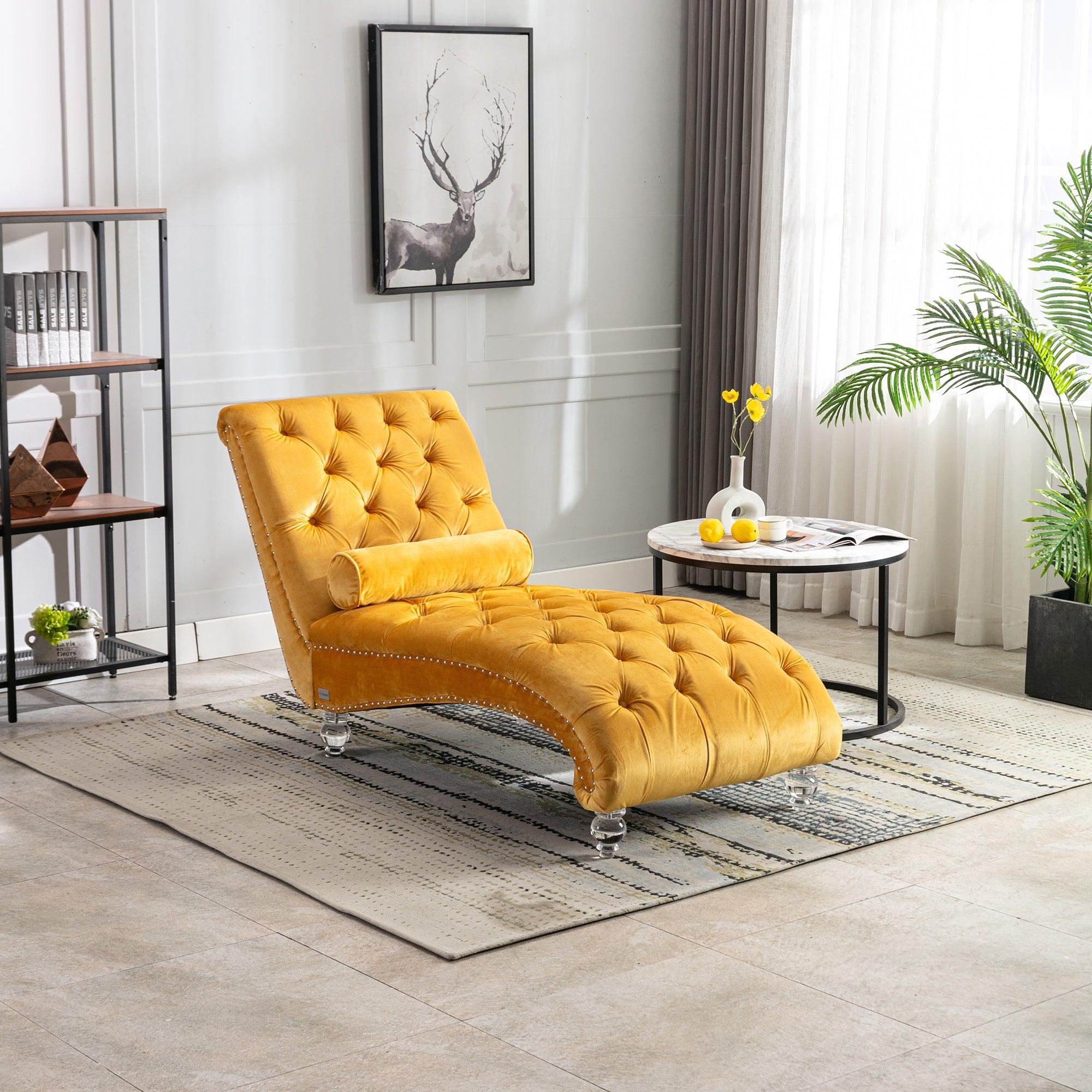 COOMORE Velvet Chaise Lounge Chair - Button Tufted Upholstered Sofa with Pillow, Mustard Velvet for Bedroom, Living Room & Office | Perfect for Reading Nook, Lounge Area & Home Decor