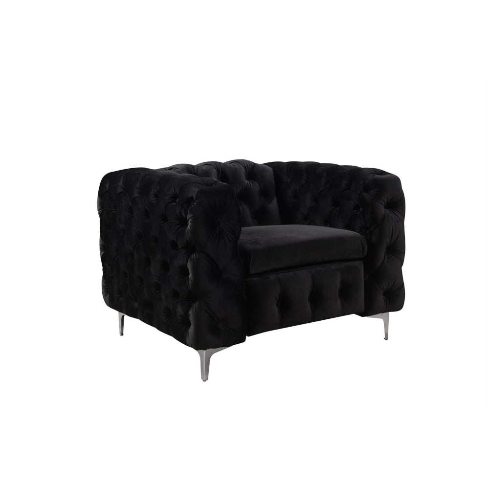 3+2+1 Seater Sofa Set - Classic Button Tufted Black Velvet Fabric Couch with Sturdy Metal Legs | Perfect for Living Room, Lounge, and Home Theater Seating