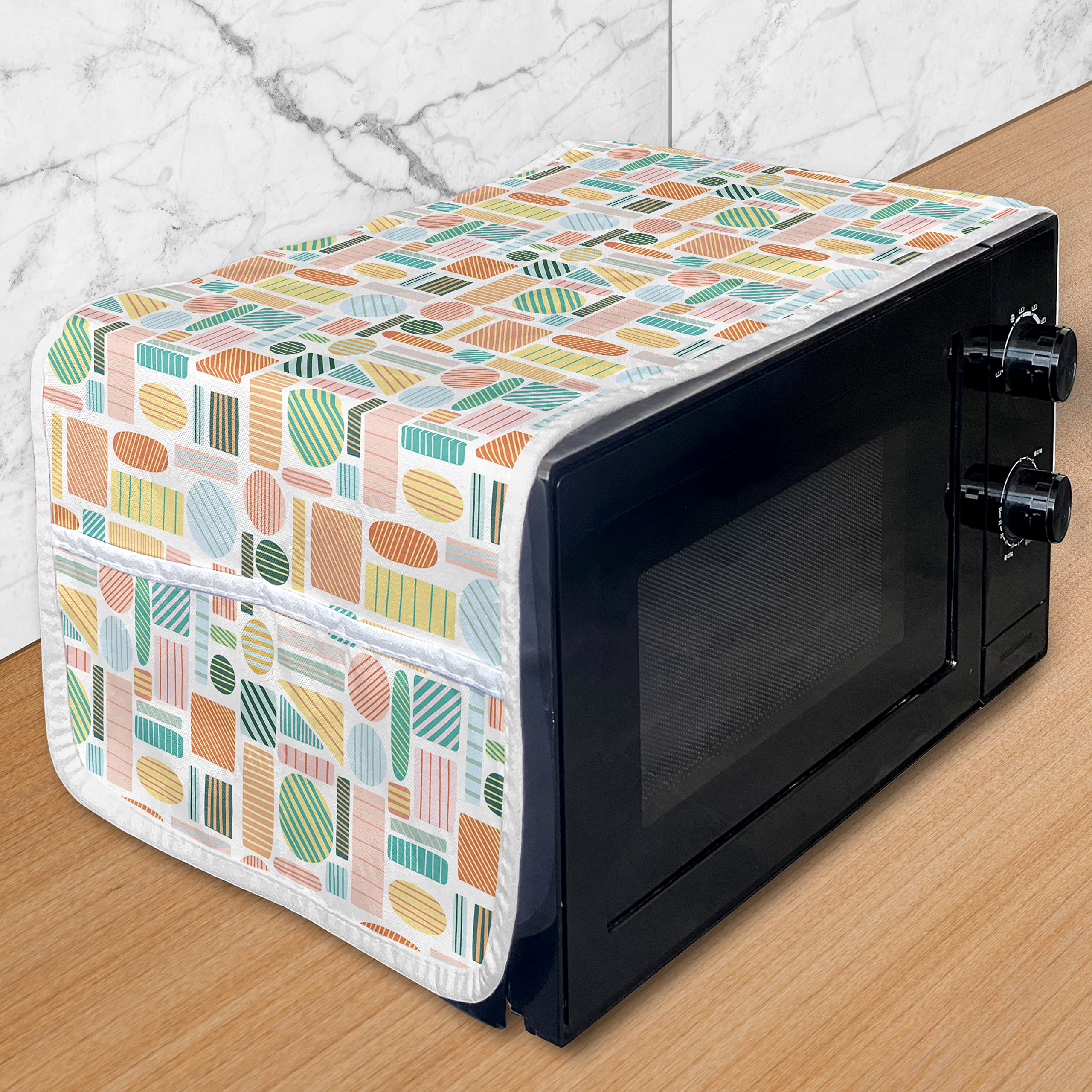 Lunarable Geometric Microwave Oven Cover - Abstract Striped Pattern with Soft Pastel Triangles & Squares | Waterproof Kitchen Organizer with Pockets (36