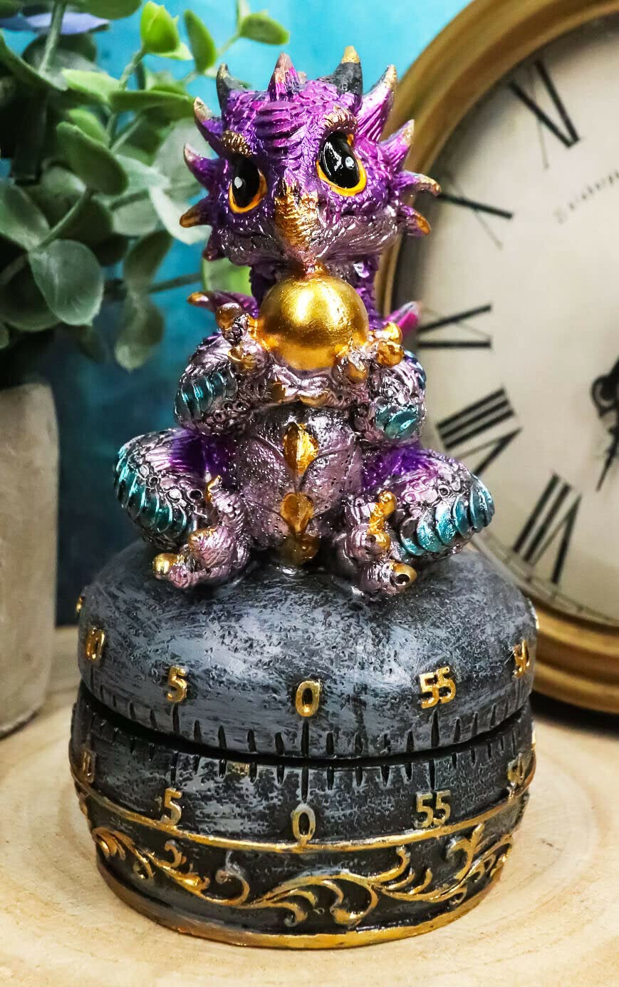 Funny Purple Baby Wyrmling Dragon Holding Egg Statue - 60 Minute Kitchen Timer Decor for Baking, Cooking & Home Decoration | Unique Gift Idea for Dragon Lovers