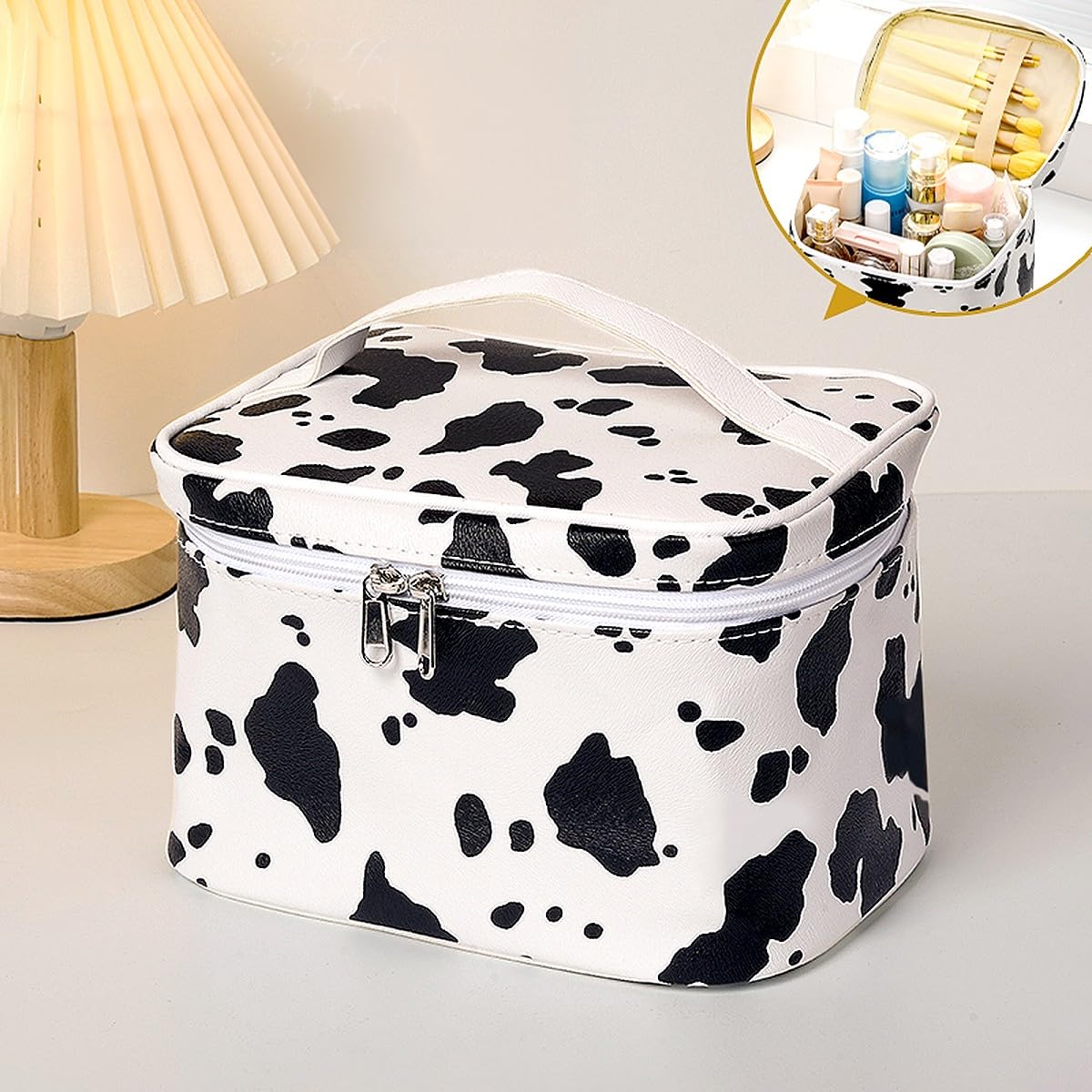 Wolpin PU Cow Print Makeup Bag - Large Waterproof Cosmetic Organizer with Brush Holder, Travel Toiletry Case (21.5 x 16.5 x 12 cm) - Perfect for Travel, Home Storage & Daily Makeup Organization