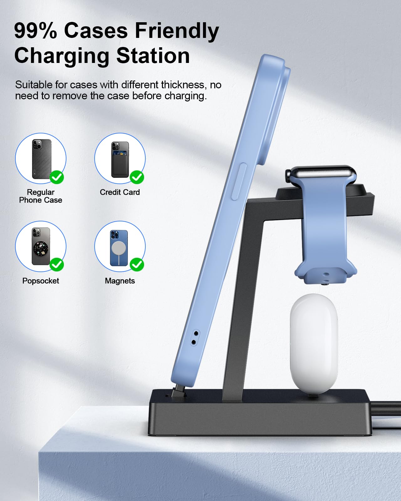 3-in-1 Wireless Charging Station for Apple Watch Series 8/7/6/5/4/SE, iPhone 14/13/12/11/XR/8/7 Plus & AirPods - Fast Charging Dock with Nightstand Mode for Bedroom, Office and Travel