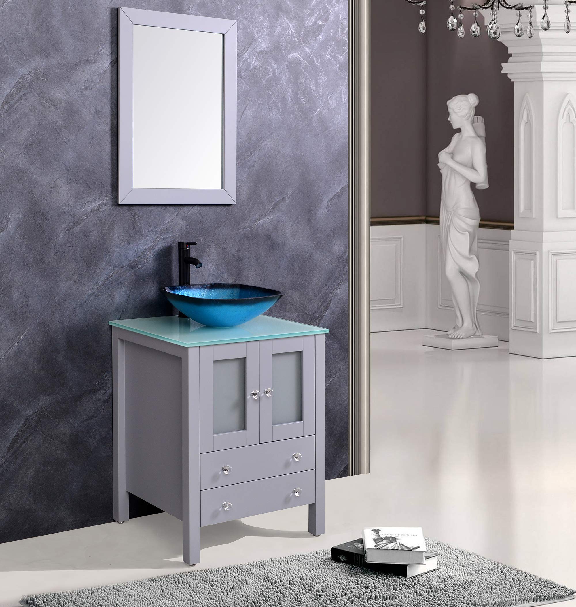 24 Inch Wooden Bathroom Vanity Set with Tempered Glass Top, Blue Vessel Sink, Mirror, Faucet & Drain Included (Grey) - Modern Bathroom Furniture for Small Spaces & Master Bathroom Remodel