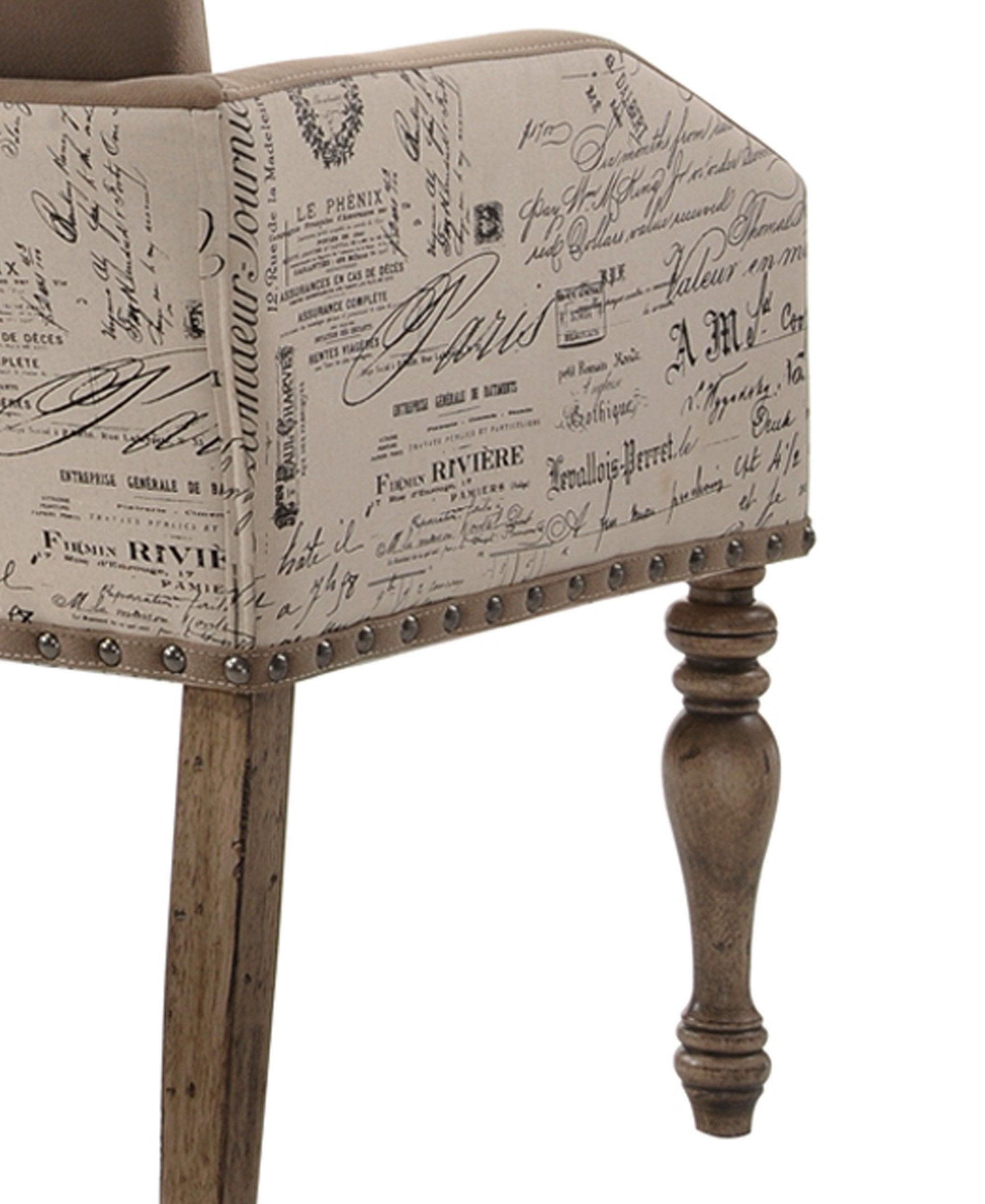 Roundhill Furniture Birmingham Script Printed Driftwood Finish Dining Arm Chairs with Nailhead Trim, Set of 2 - Farmhouse Style Kitchen & Dining Room Seating for Home Decor