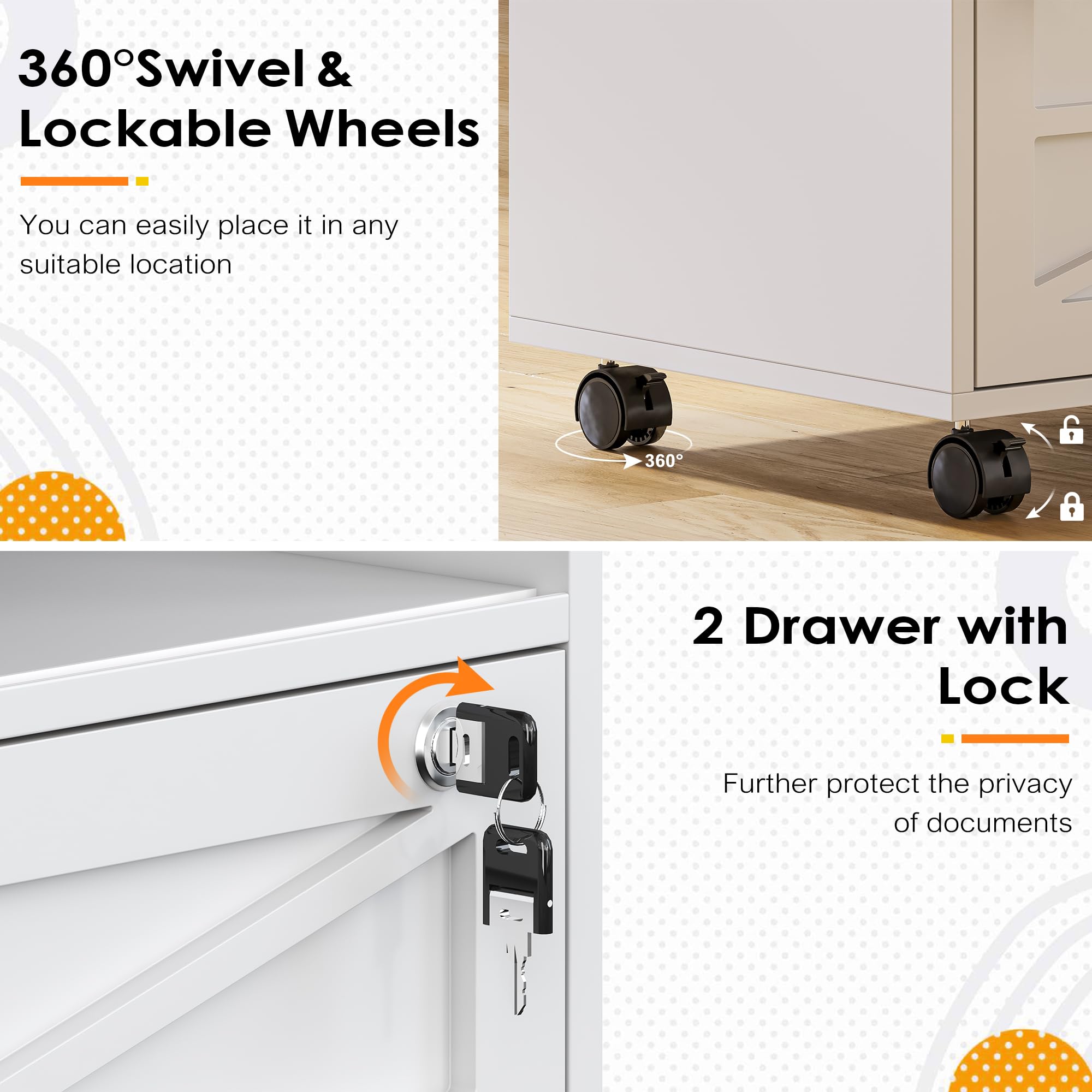 2-Drawer Locking File Cabinet with Wheels - Adjustable Shelf for Letter, Legal, F4 & A4 Files - Home Office Storage Solution for Documents & Supplies (White & Brown) - Perfect for Small Spaces & Shared Workspaces
