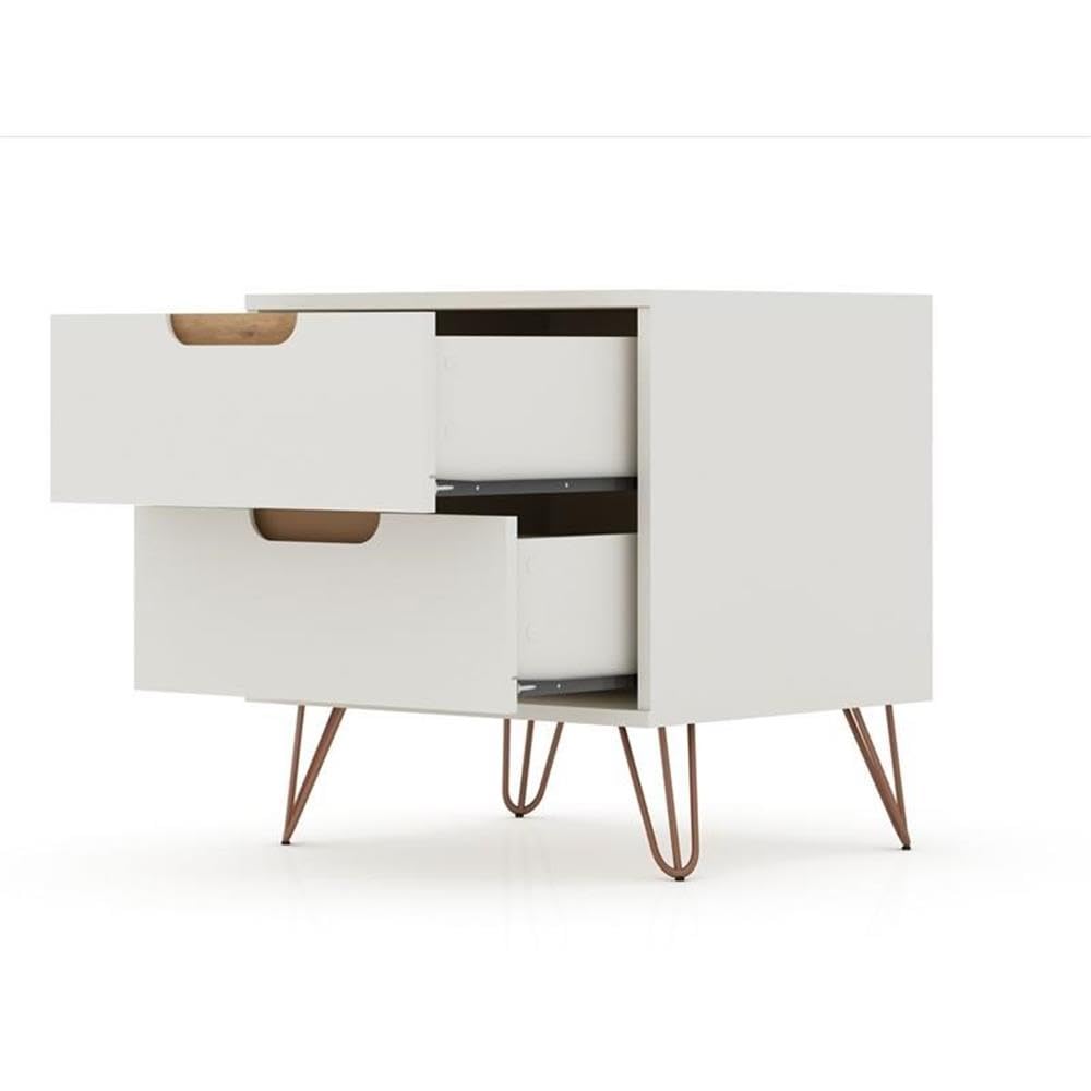 Mid Century Modern Nightstand with Drawers - Minimalist Bedside Table & Storage Organizer for Bedroom - Manhattan Comfort Rockefeller Nightstand in Off White/Nature - Perfect for Small Spaces, Apartment Living & Guest Rooms