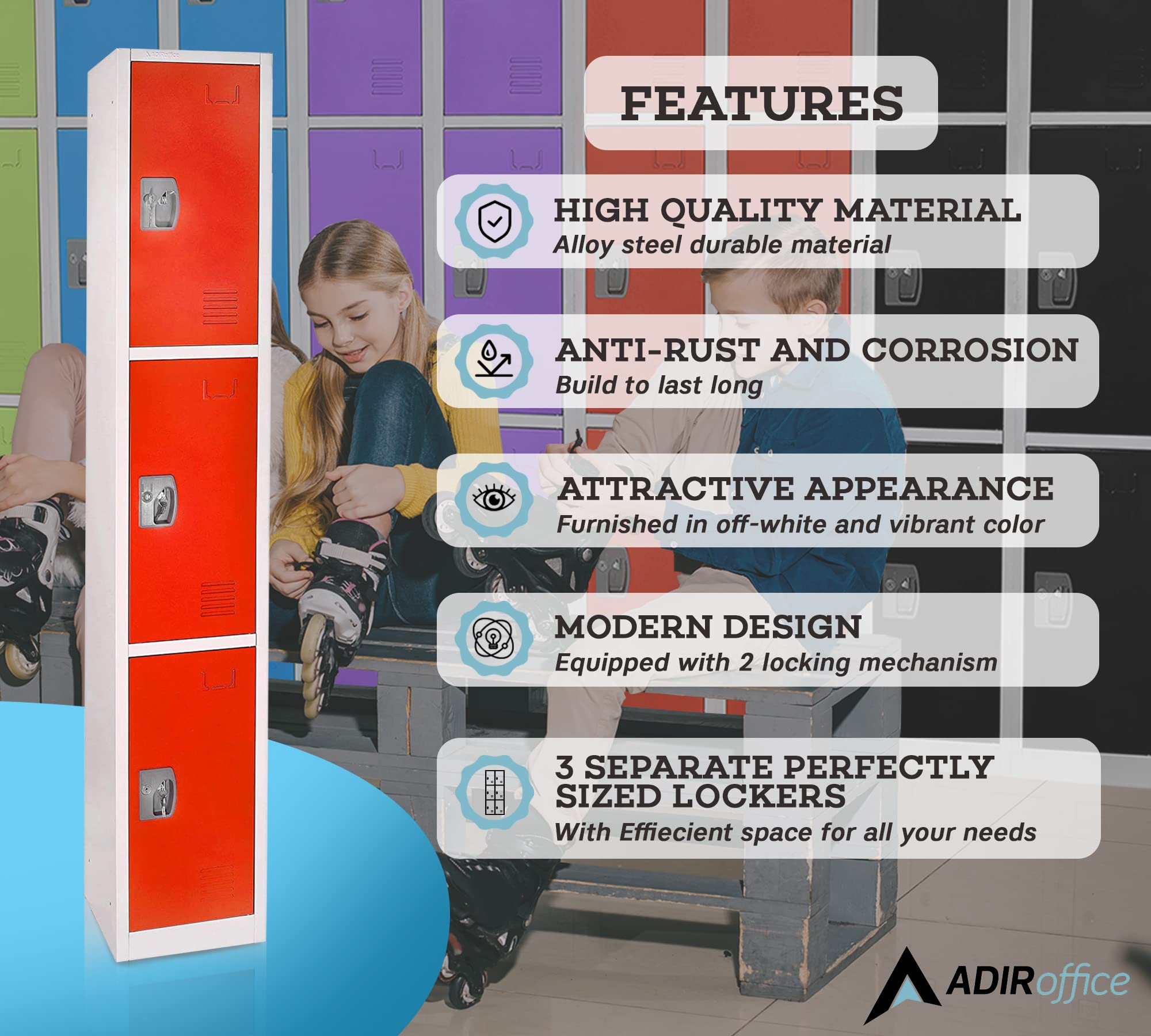 AdirOffice 3-Door Large Metal School Locker with Hooks - Heavy Duty Storage Cabinet for School, Office, Garage Organization - Red (Perfect for Backpack Storage, Sports Equipment & Work Tools)