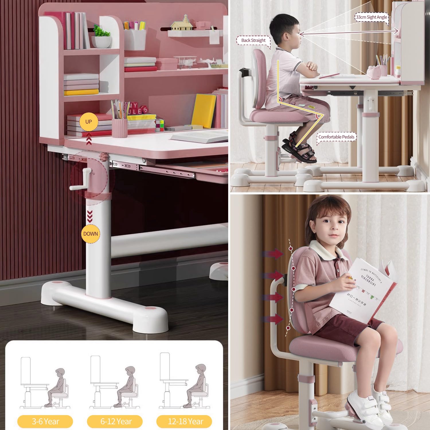 Adjustable Kids Study Desk and Chair Set with LED Light & Storage - Ergonomic Children's Writing Table, Tilt Desktop, Bookstand for School & Homework - Perfect for Home, Classroom, Dorm (Pink)