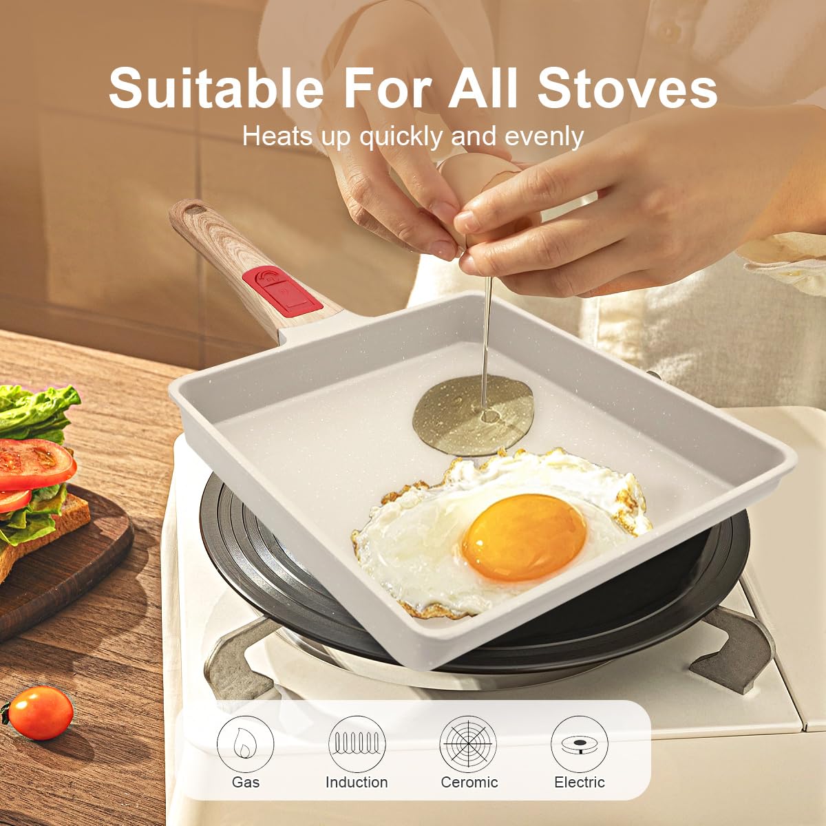 Nonstick Japanese Tamagoyaki Pan - 9” x 8” Omelette Pan with Detachable Handle, Oven & Dishwasher Safe - Perfect for Making Egg Rolls, Sushi Omelets & Breakfast Crepes (White)