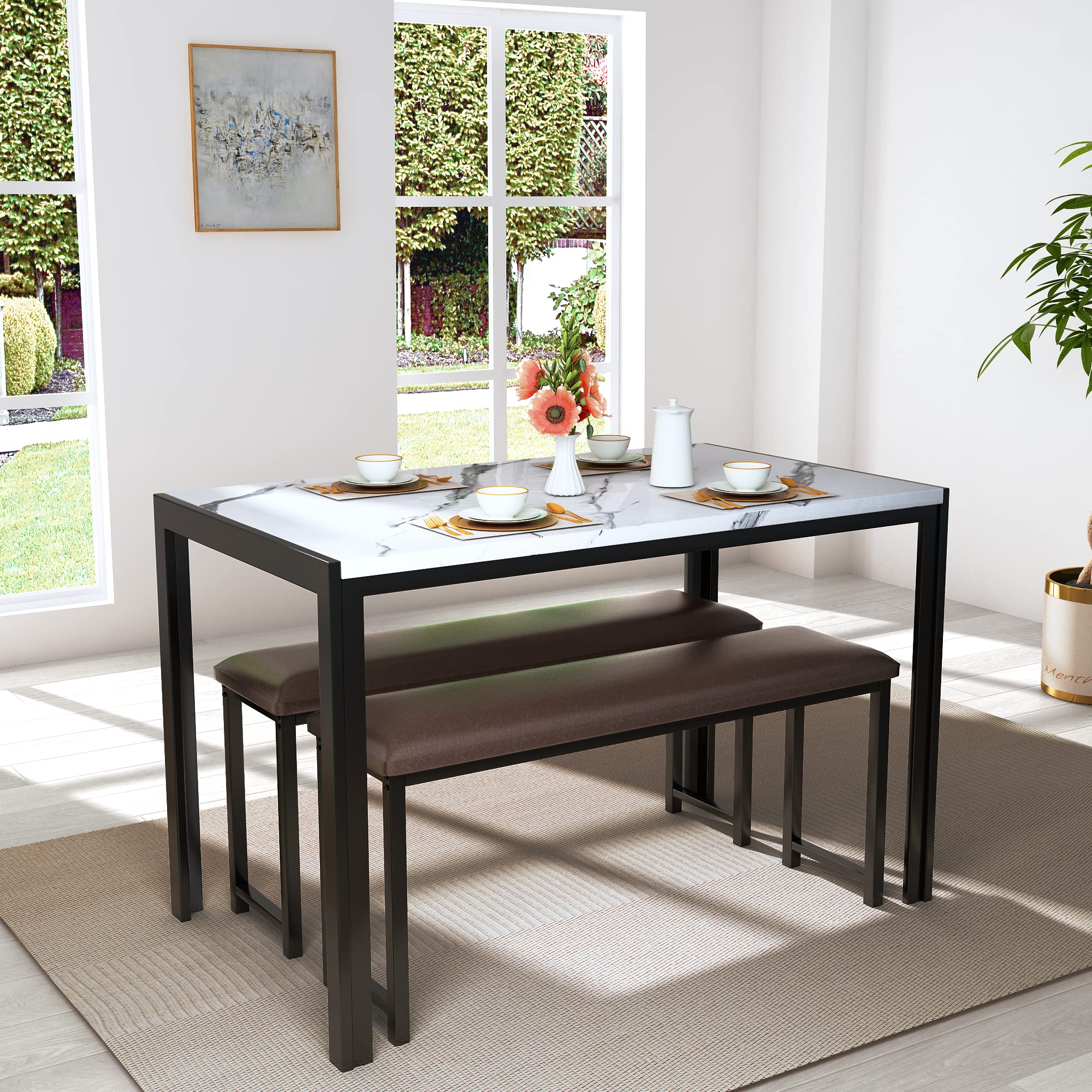 AWQM 3-Piece Dining Set - White Faux Marble Table & 2 PU Leather Benches for Small Spaces | Perfect for Breakfast Nook, Apartment, Kitchen & Compact Living Areas