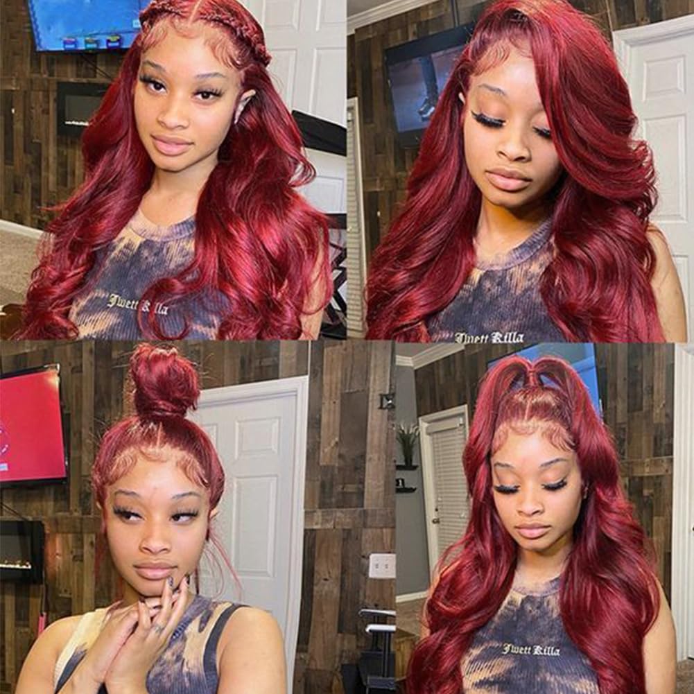 Burgundy 13x6 HD Lace Front Wig Human Hair 99J Body Wave 180% Density Pre-Plucked Virgin Hair - 28 Inch Full & Thick Lace Wig for Women | Perfect for Daily Wear, Parties & Special Occasions