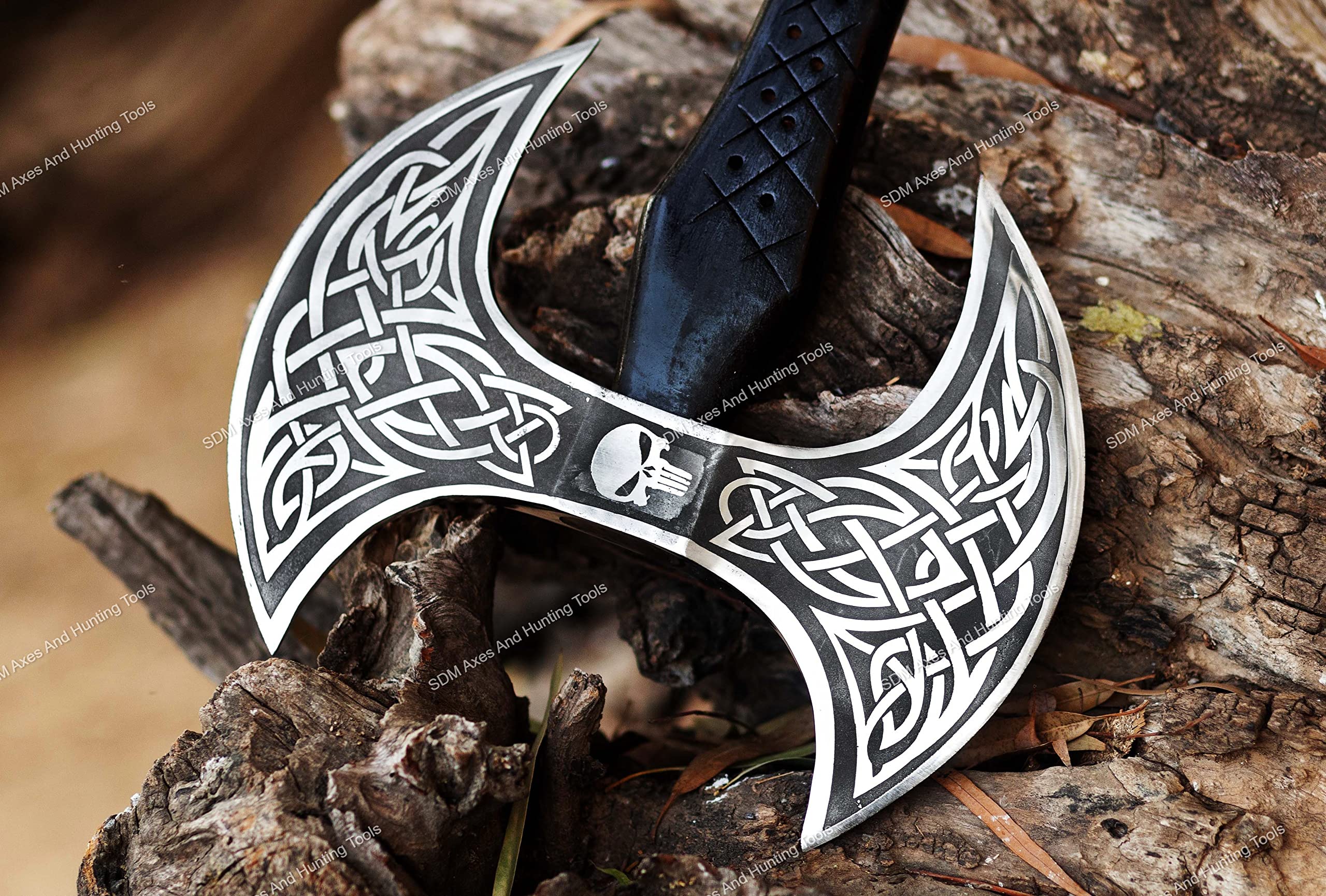 Handmade Viking Double Head Battle Axe with Etched Stainless Steel Blades & Ash Wood Handle - Fantasy Camping, Survival, Wood Chopping Axe - Black & Brown (SDM-106) for Outdoor Adventures, LARP & Medieval Reenactments