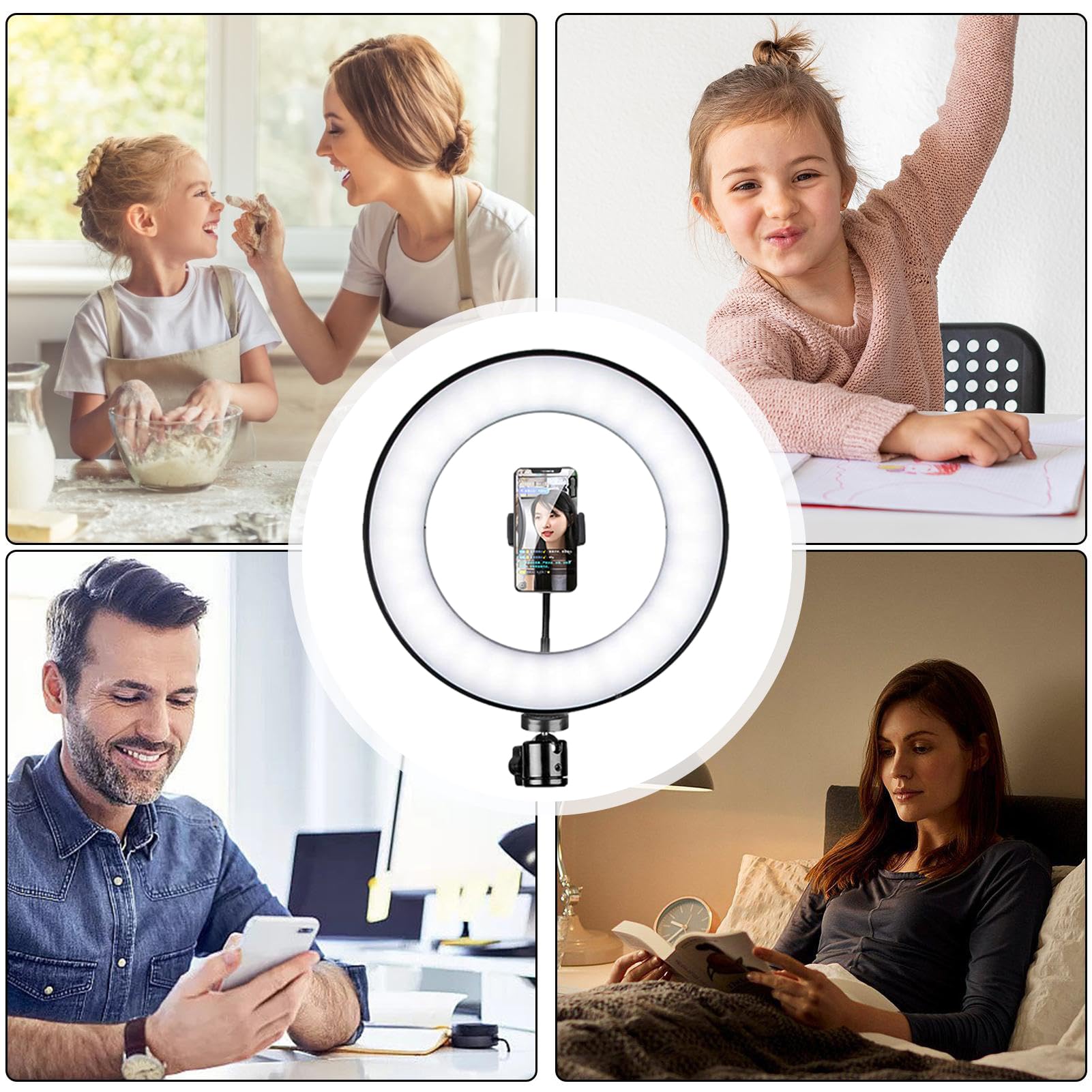 Adjustable Phone Stand with LED Light - Selfie Tripod Holder for iPhone, Android, Camera - Perfect for Cooking Videos, Vlogging, Live Streaming & Photography Accessories (A)