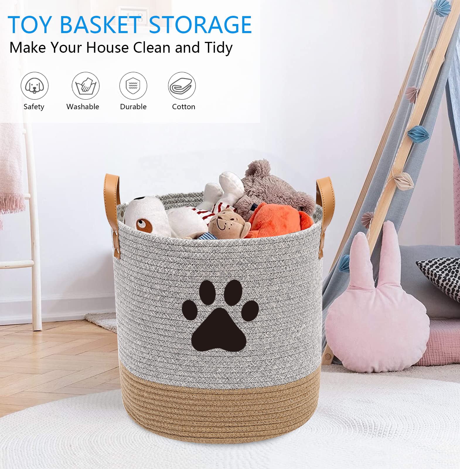 Organic Cotton Rope Dog Toy Basket - Pet Toy Organizer for Puppies, Blankets & Leashes - Gray Beige Storage Bin - Ideal for Pet Playrooms, Living Room Organization & Laundry Storage