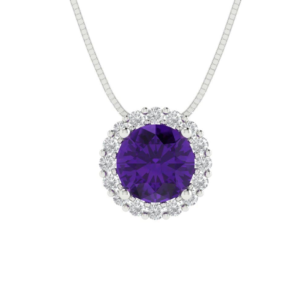 1.30ct Natural Purple Amethyst Solitaire Pendant Necklace - Round Brilliant Cut Pave Halo Setting with 16