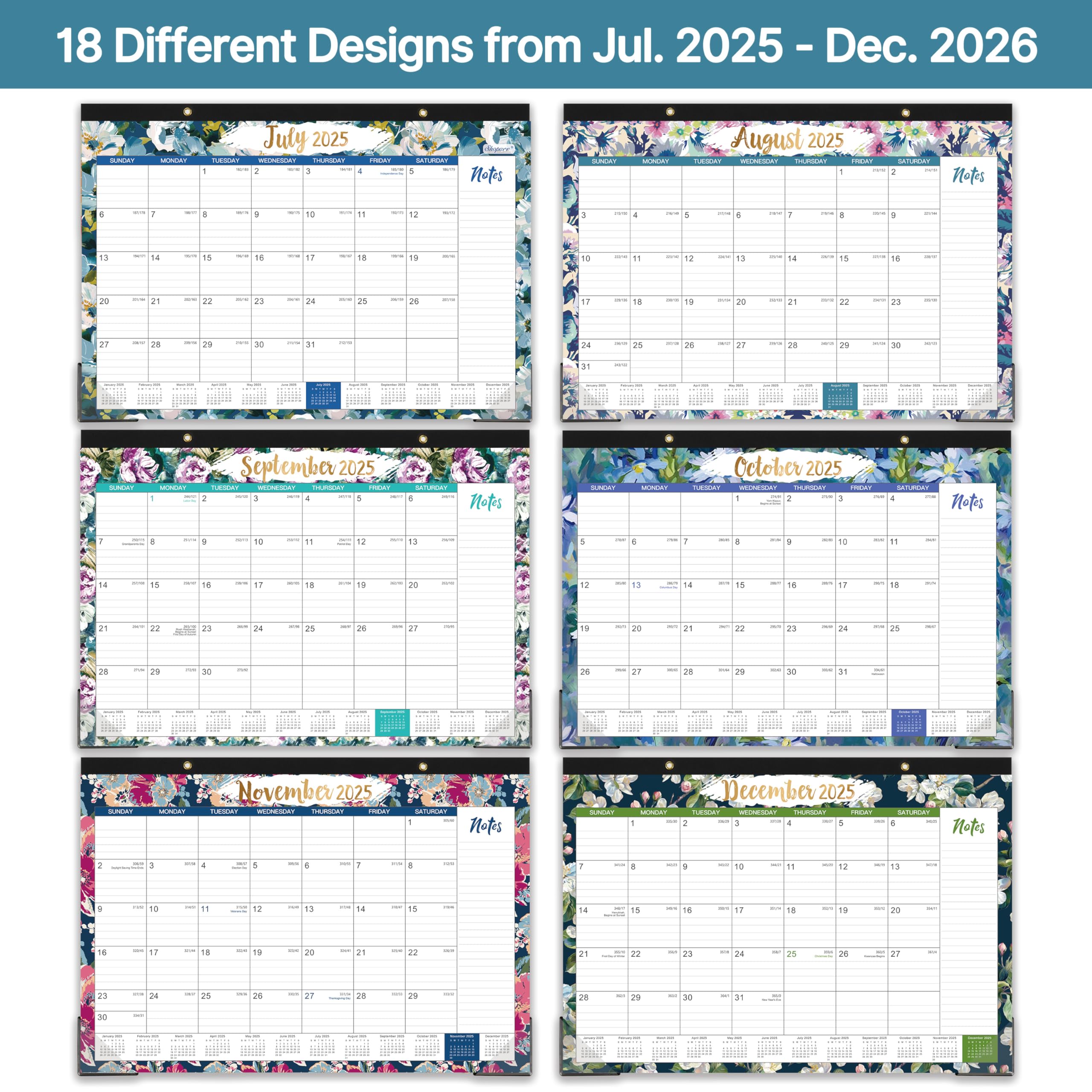 2025-2026 Desk Calendar (July 2025 - December 2026) - 18 Month Large Office Calendar with Corner Protectors & Reference Calendars - Floral Design Home & Office Planner (17