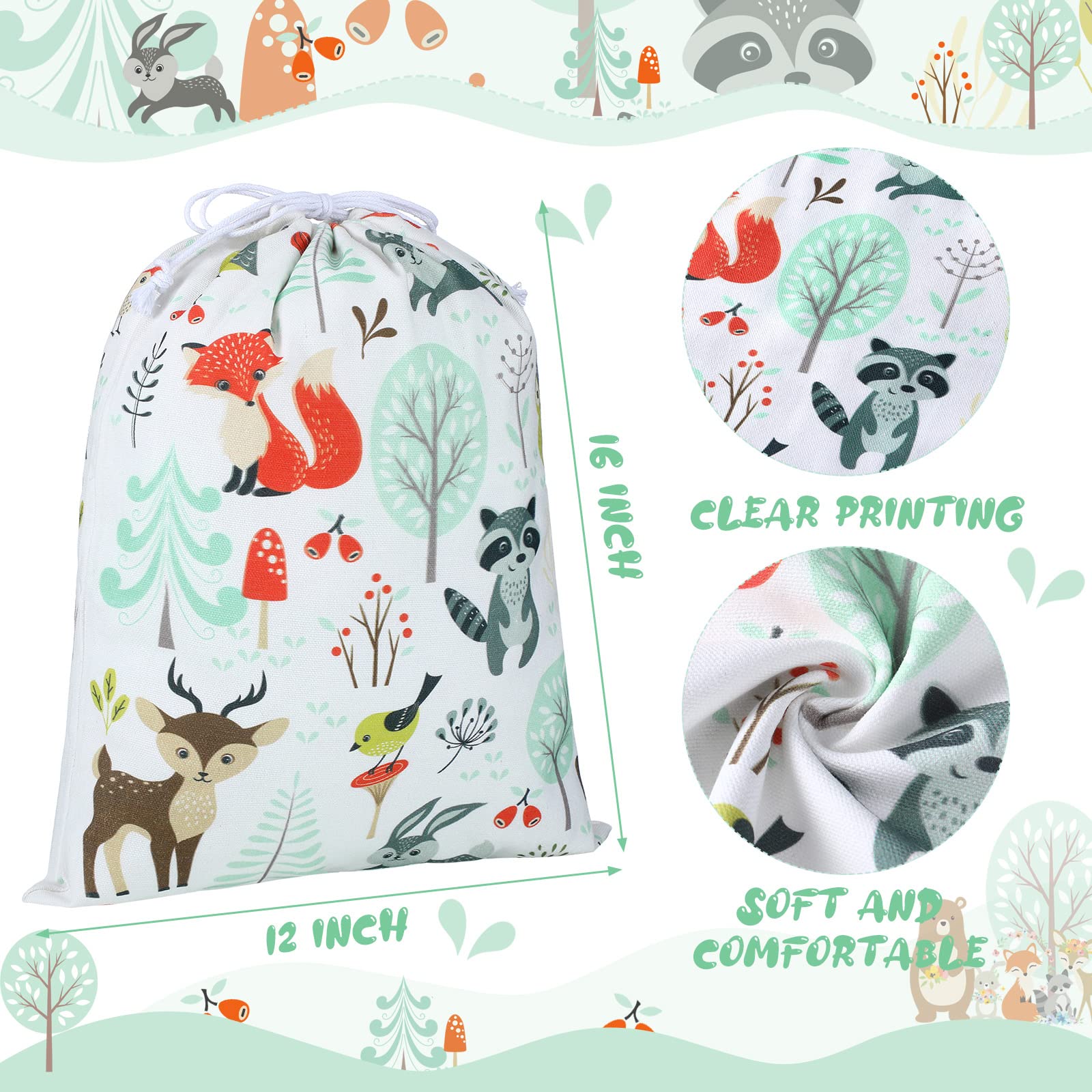 Shappy 2 Pack Reusable Woodland Animal Drawstring Gift Bags - 15.75 x 11.81 Inch Large Fabric Gift Wrap for Baby Showers, Birthday Parties, Gender Reveals & Jewelry Gifts - Eco-Friendly Party Favor Bags for Special Occasions