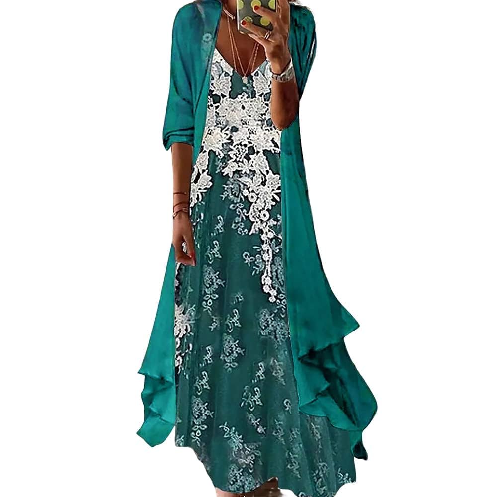 Floral Print Two Piece Maxi Dress Set with Cardigan - Women's Casual Chiffon Dresses with Irregular Hem for Beach, Vacation & Summer Outfits
